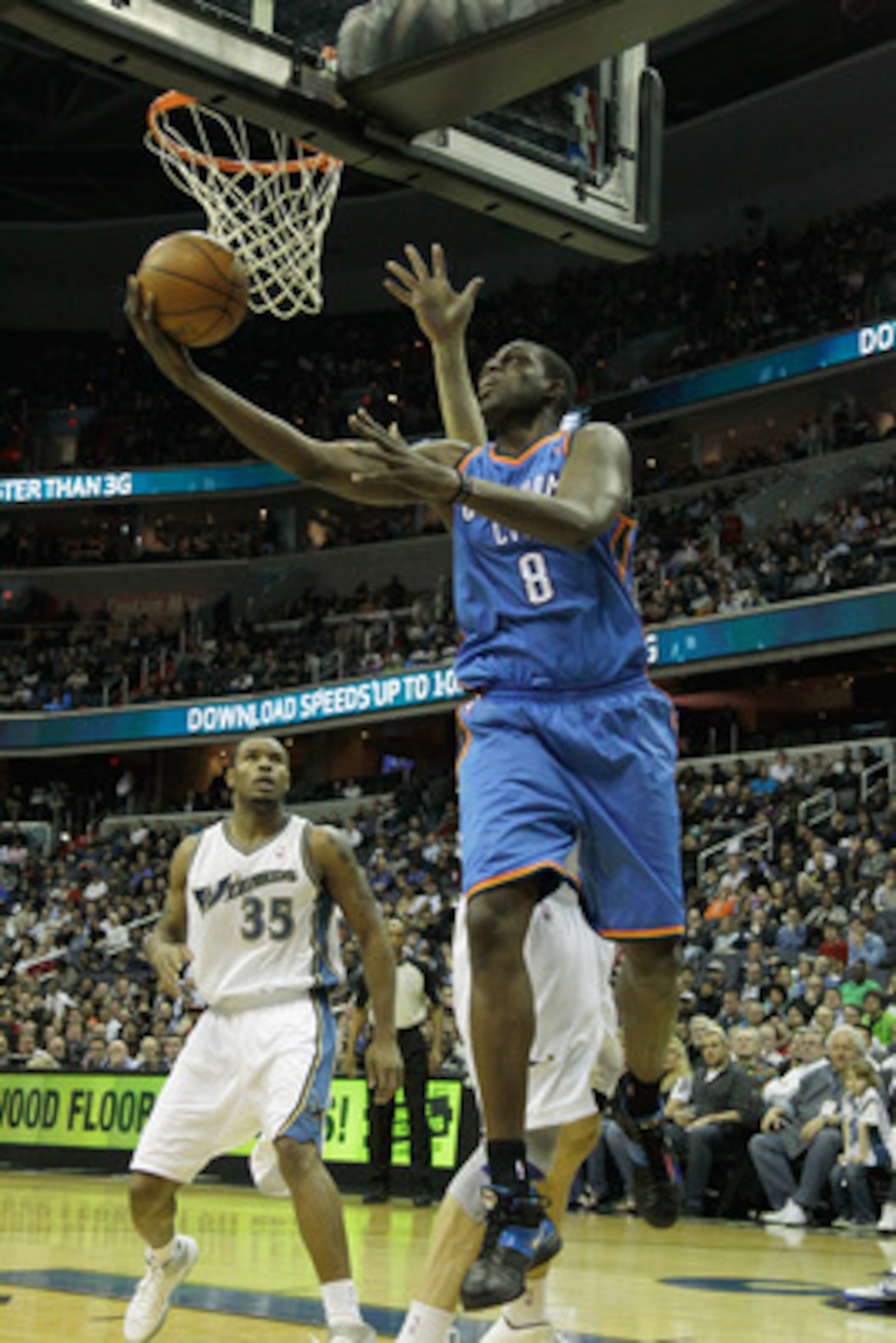 WASHINGTON, DC - MARCH 14:  Nazr Mohammed #8 of the Oklahoma City Thunder puts up a shot against the Washington Wizards during the first half at the Verizon Center on March 14, 2011 in Washington, DC. NOTE TO USER: User expressly acknowledges and agrees t