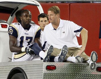 FOXBORO, MA - AUGUST 26: Donnie Avery #17 of the St. Louis Rams is carted off the field in the second quarter against the New England Patriots on August 26, 2010 at Gillette Stadium in Foxboro, Massachusetts. (Photo by Elsa/Getty Images) FOXBORO, MA - AUGUST 26: Donnie Avery #17 of the St. Louis Rams is carted off the field in the second quarter against the New England Patriots on August 26, 2010 at Gillette Stadium in Foxboro, Massachusetts. (Photo by Elsa/Getty Images)