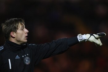Oliver Baumann of Germany gives intructions during the match between England U19 and Germany U19 at the Weston Homes Community Stadium on November 18, 2008 in Colchester, England.  (Photo by Jamie McDonald/Getty Images)