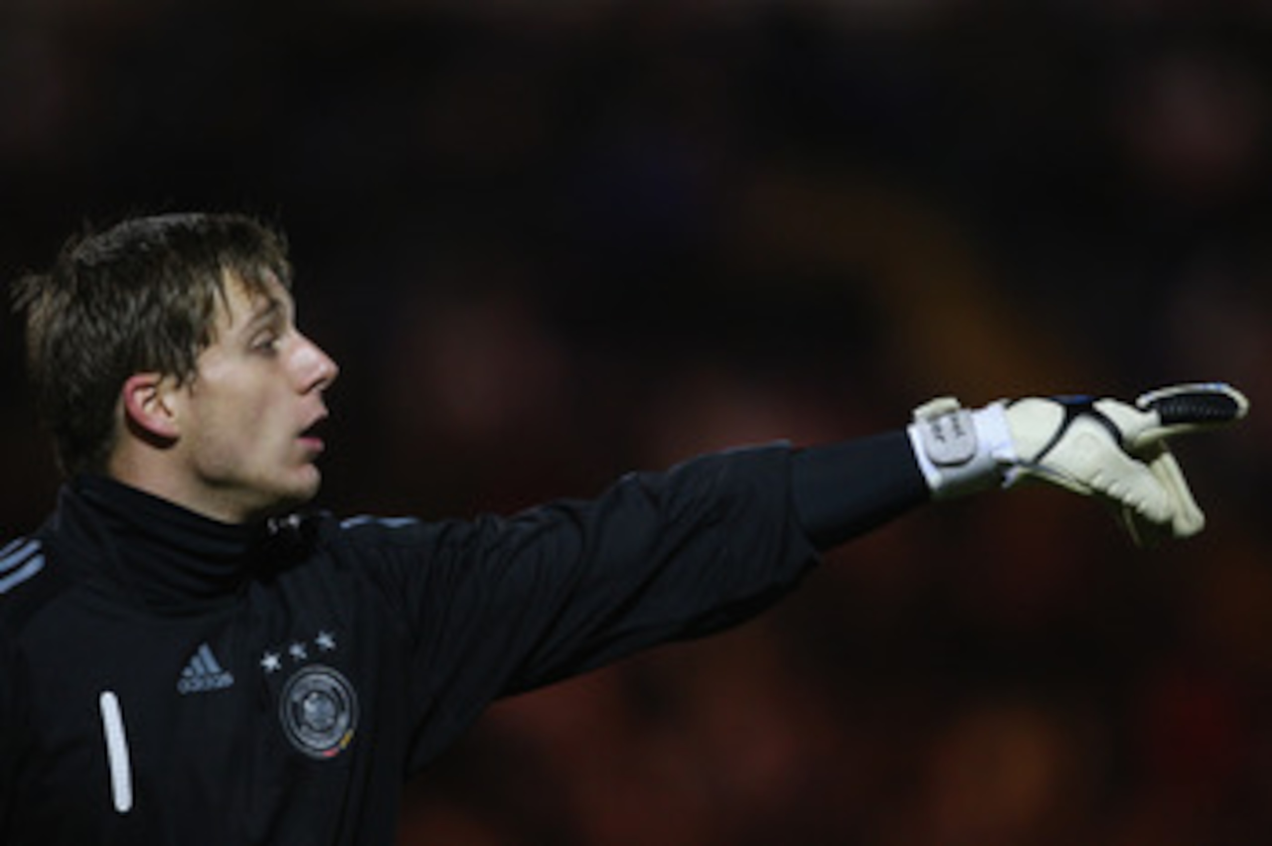Oliver Baumann of Germany gives intructions during the match between England U19 and Germany U19 at the Weston Homes Community Stadium on November 18, 2008 in Colchester, England. (Photo by Jamie McDonald/Getty Images) Oliver Baumann of Germany gives intructions during the match between England U19 and Germany U19 at the Weston Homes Community Stadium on November 18, 2008 in Colchester, England. (Photo by Jamie McDonald/Getty Images)