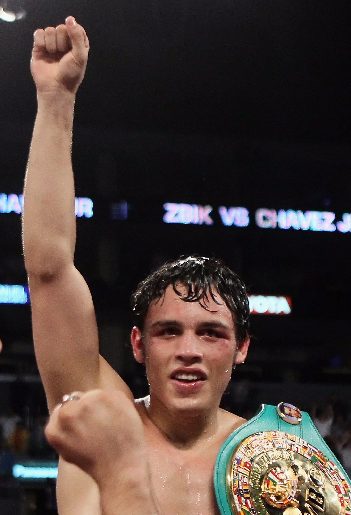 LOS ANGELES, CA - JUNE 04:  Julio Cesar Chavez Jr. of Mexico celebrates his victory over Sebastian Zbik of Germany following their WBC World Middleweight Title bout at Staples Center on June 4, 2011 in Los Angeles, California.  (Photo by Jeff Gross/Getty