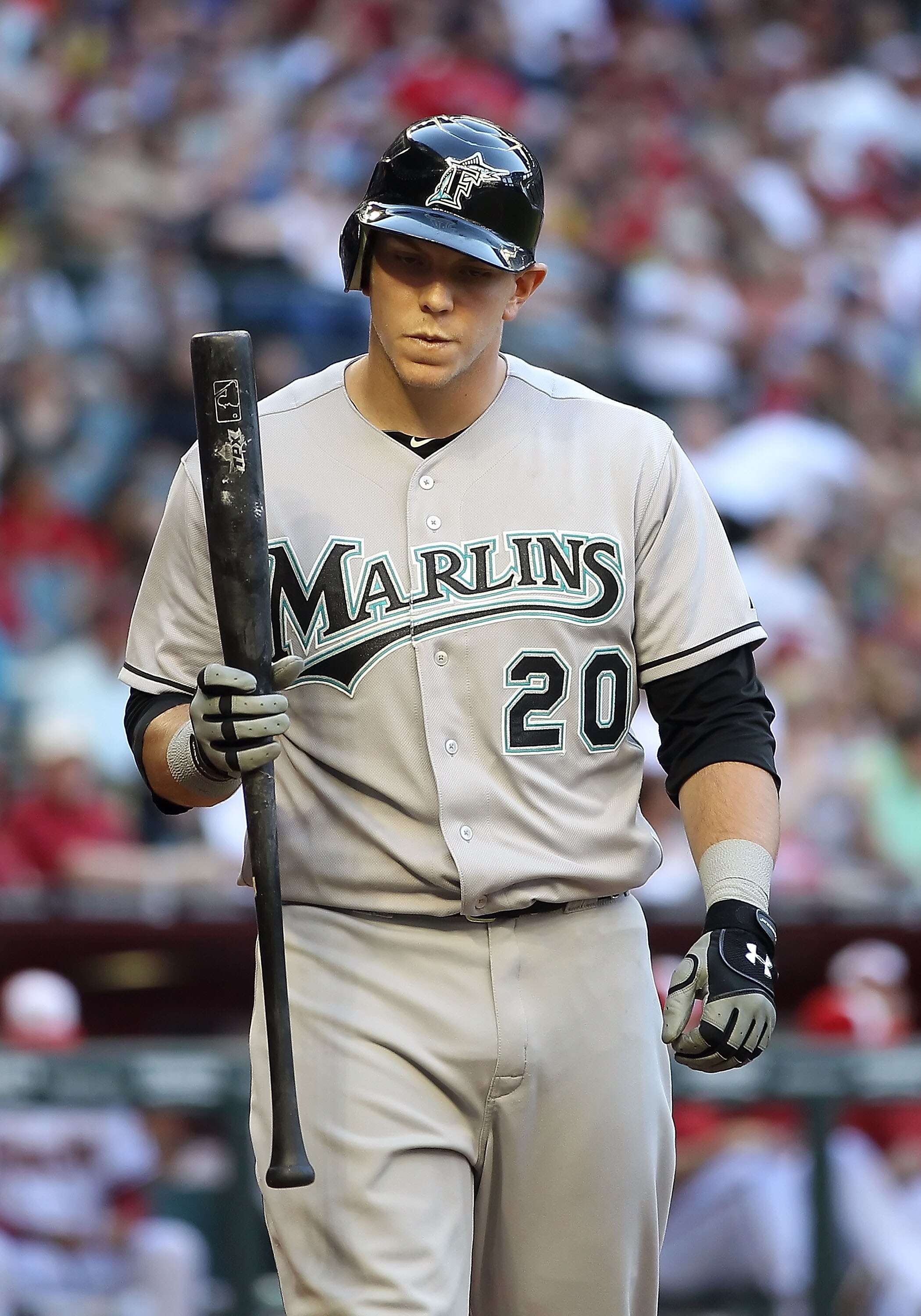 PHOENIX, AZ - MAY 30:  Logan Morrison #20 of the Florida Marlins at bat during the Major League Baseball game against the Arizona Diamondbacks at Chase Field on May 30, 2011 in Phoenix, Arizona. The Diamondbacks defeated the Marlins 15-4.  (Photo by Chris