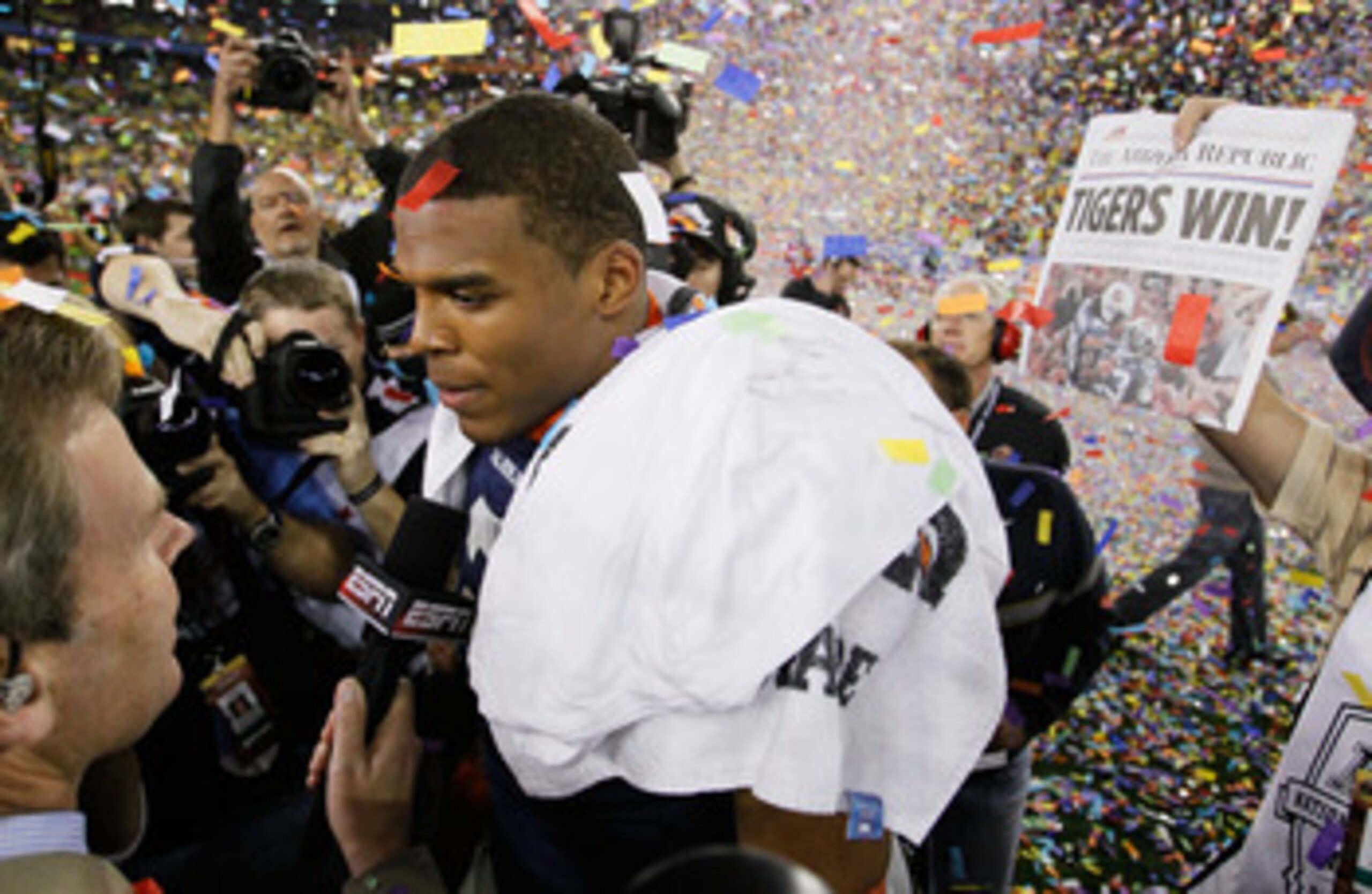 GLENDALE, AZ - JANUARY 10:  Quarterback Cameron Newton #2 of the Auburn Tigers celebrates their 22-19 victory after defeating the Oregon Ducks in the Tostitos BCS National Championship Game at University of Phoenix Stadium on January 10, 2011 in Glendale,