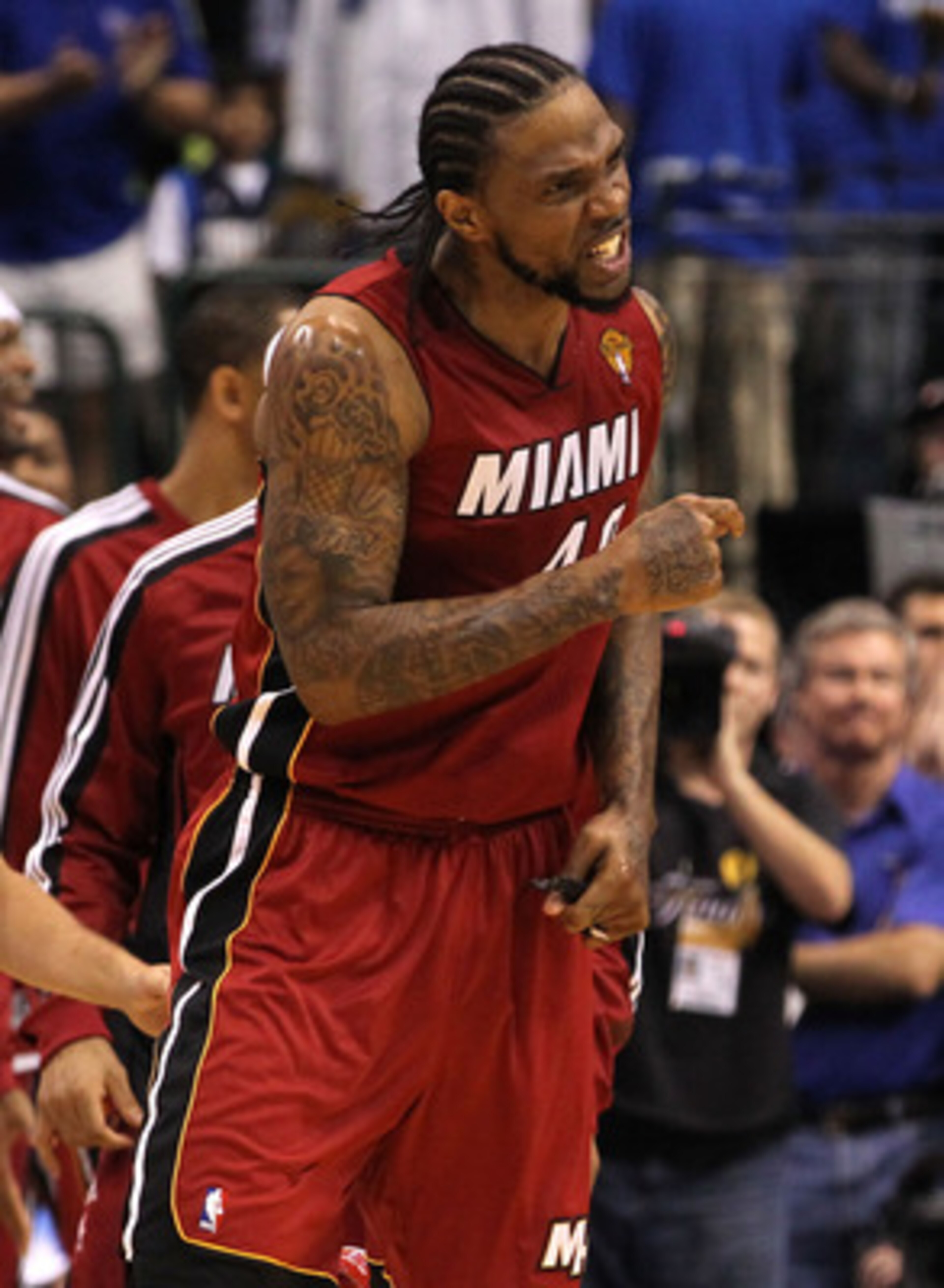 DALLAS, TX - JUNE 05:  Udonis Haslem #40 of the Miami Heat reacts in the fourth quarter while taking on the Dallas Mavericks in Game Three of the 2011 NBA Finals at American Airlines Center on June 5, 2011 in Dallas, Texas.  NOTE TO USER: User expressly a