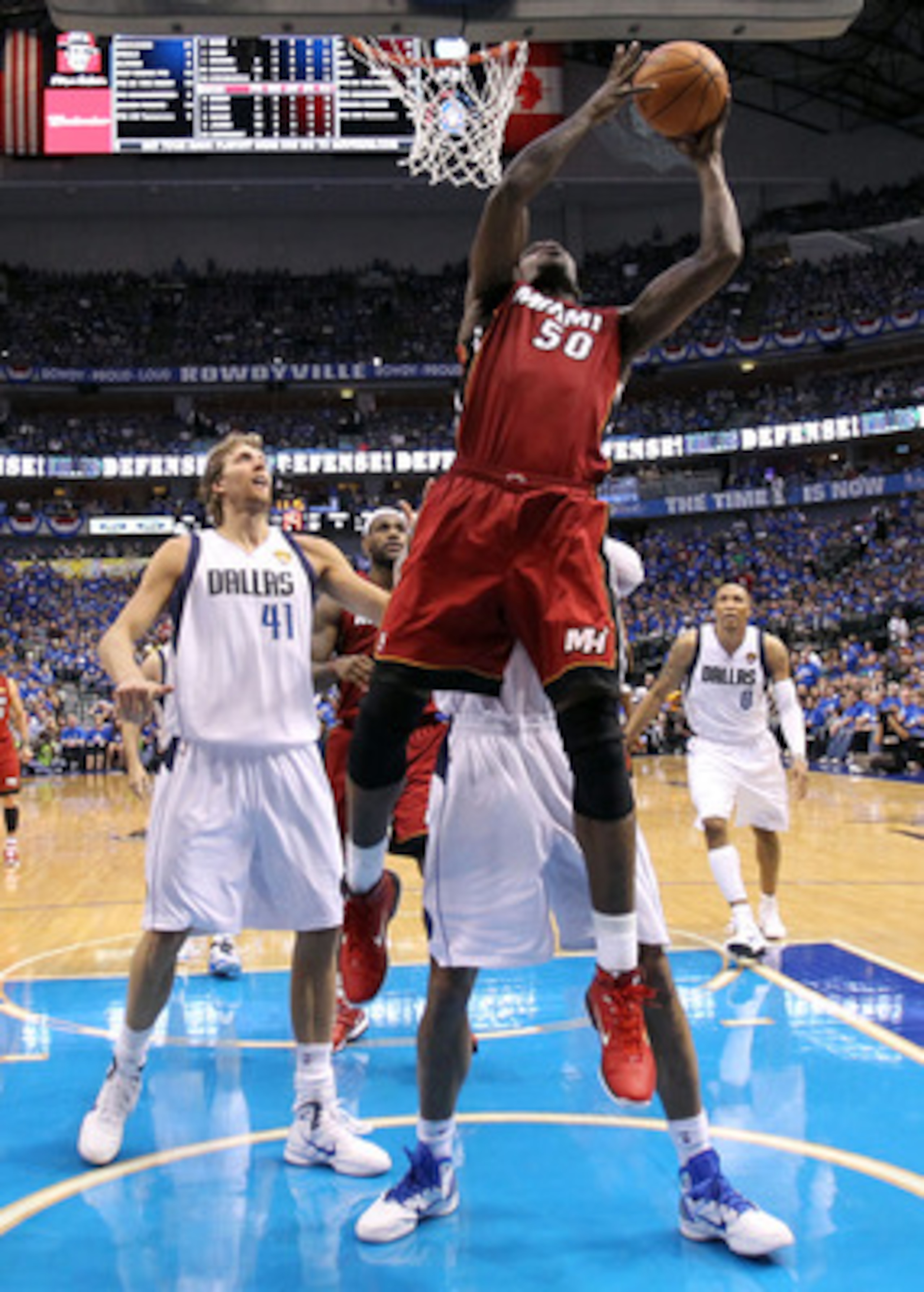 DALLAS, TX - JUNE 05:  Joel Anthony #50 of the Miami Heat goes up for a shot in the lane against the Dallas Mavericks in Game Three of the 2011 NBA Finals at American Airlines Center on June 5, 2011 in Dallas, Texas.  NOTE TO USER: User expressly acknowle