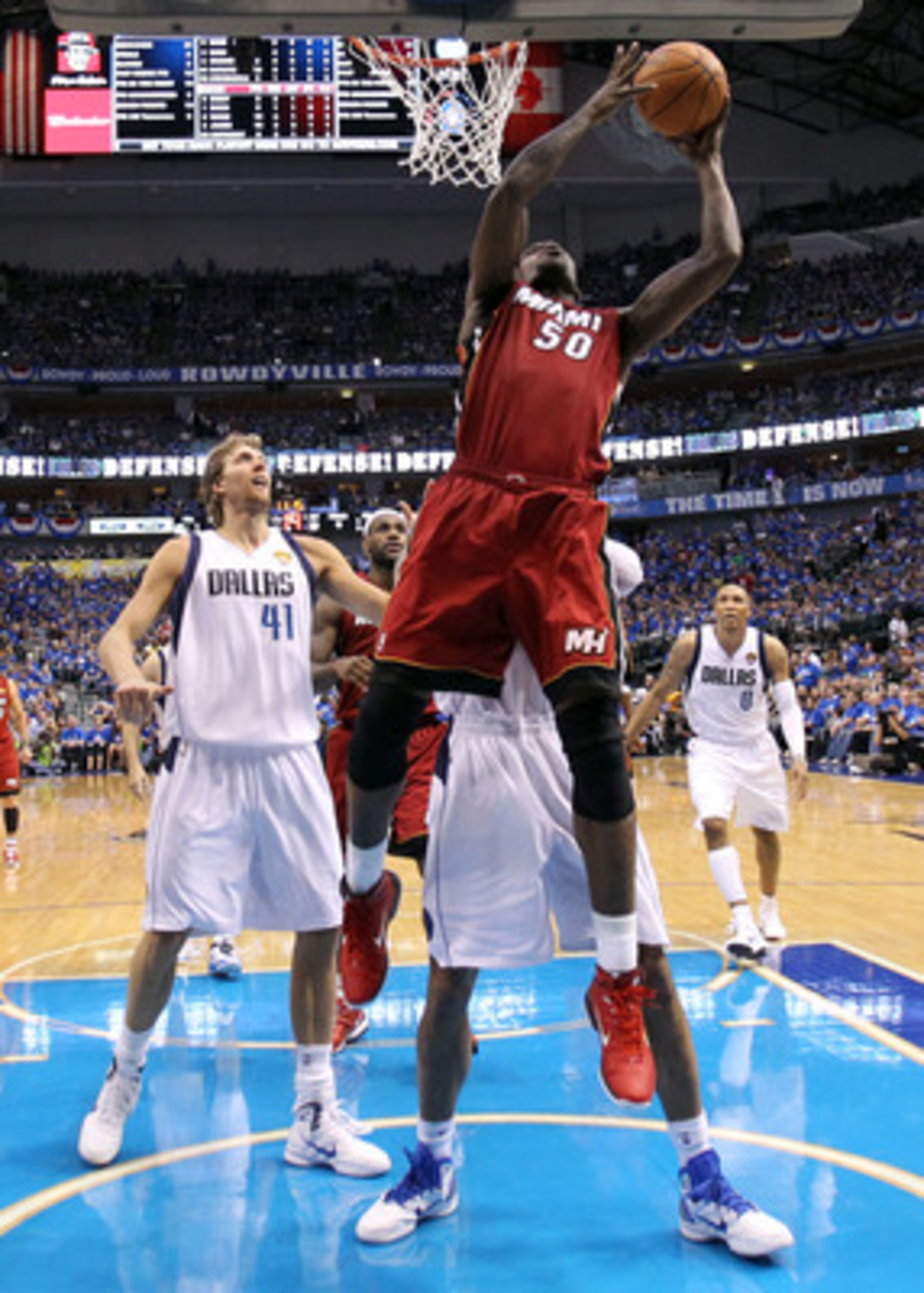 DALLAS, TX - JUNE 05:  Joel Anthony #50 of the Miami Heat goes up for a shot in the lane against the Dallas Mavericks in Game Three of the 2011 NBA Finals at American Airlines Center on June 5, 2011 in Dallas, Texas.  NOTE TO USER: User expressly acknowle