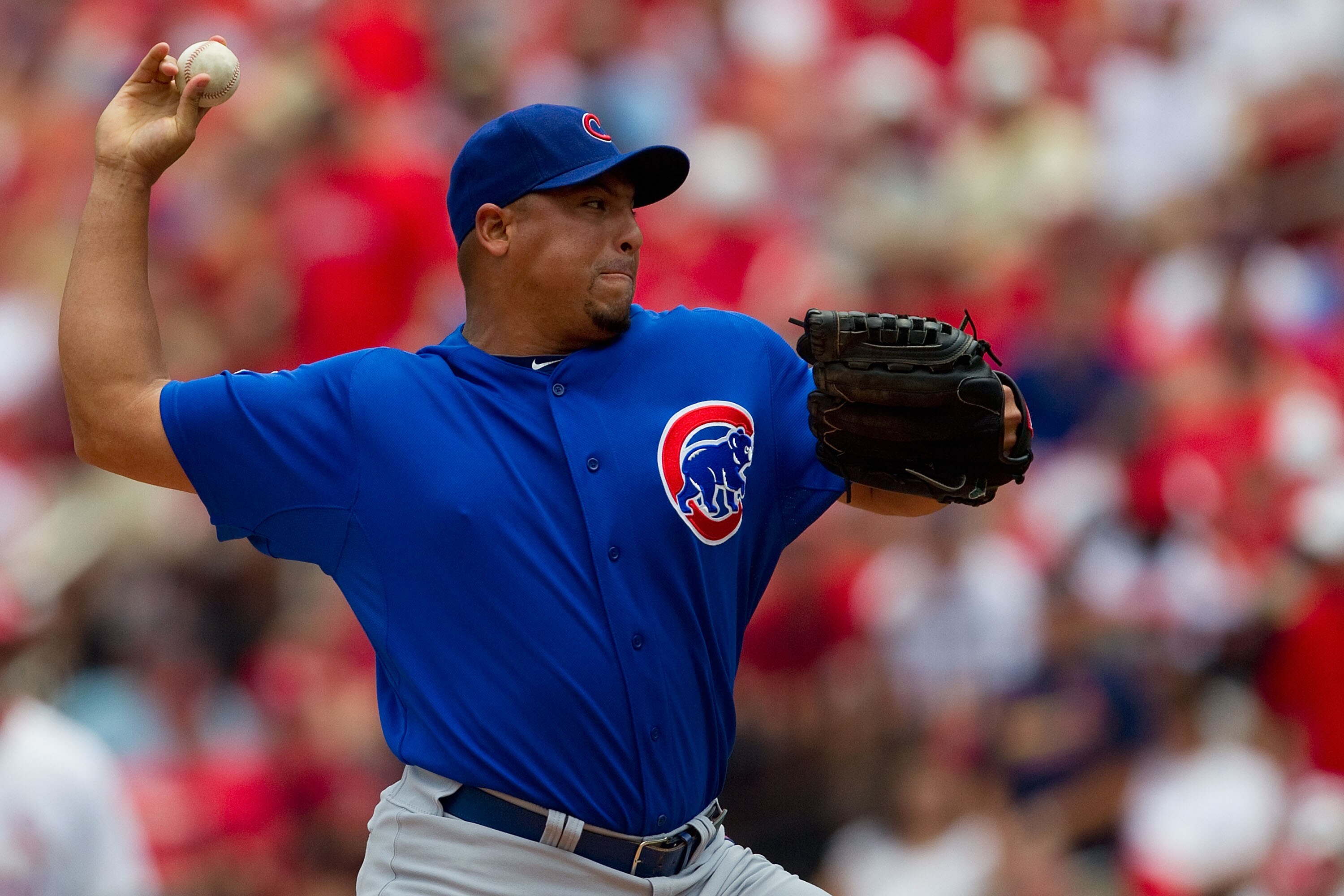 ST. LOUIS, MO - JUNE 5: Starter Carlos Zambrano #38 of the Chicago Cubs pitches against the St. Louis Cardinals at Busch Stadium on June 5, 2011 in St. Louis, Missouri.  The Cardinals beat the Cubs 3-2 in 10 innings.  (Photo by Dilip Vishwanat/Getty Image