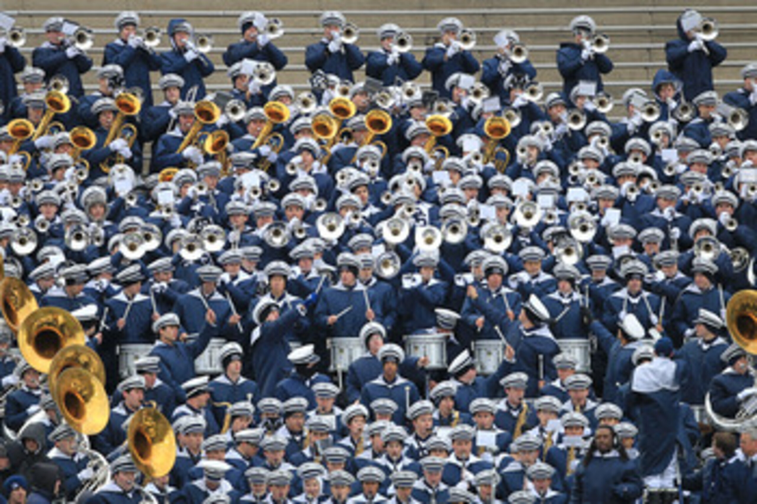 STATE COLLEGE, PA - NOVEMBER 27: The Penn State Nittany Lion Blue Band performs during a game against the Michigan State Spartans on November 27, 2010 at Beaver Stadium in State College, Pennsylvania. The Spartans won 28-22. (Photo by Hunter Martin/Getty