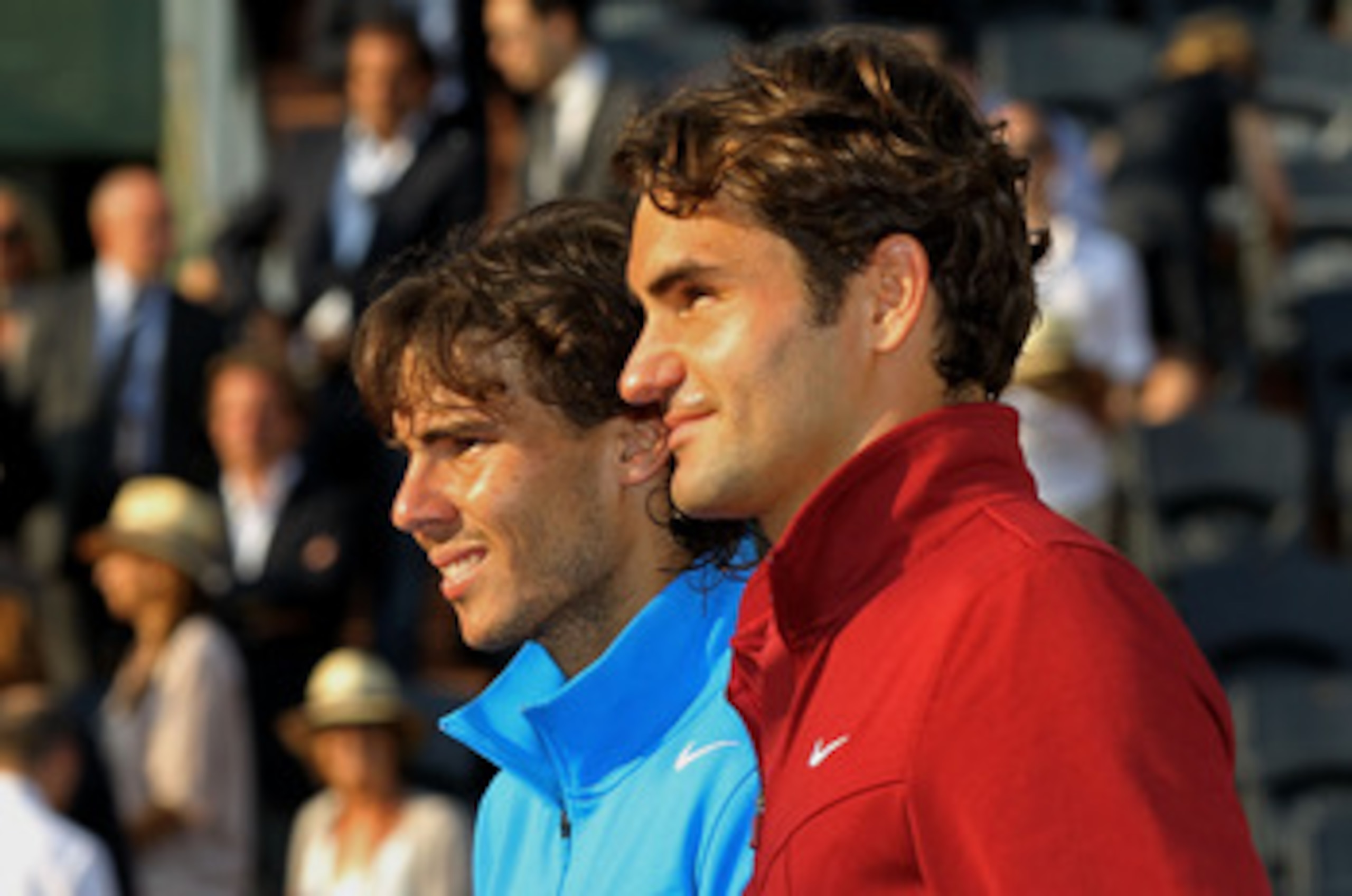 PARIS, FRANCE - JUNE 05:  (L to R) Champion Rafael Nadal of Spain and runner up Roger Federer of Switzerland pose following the men's singles final match between Rafael Nadal of Spain and Roger Federer of Switzerland on day fifteen of the French Open at R