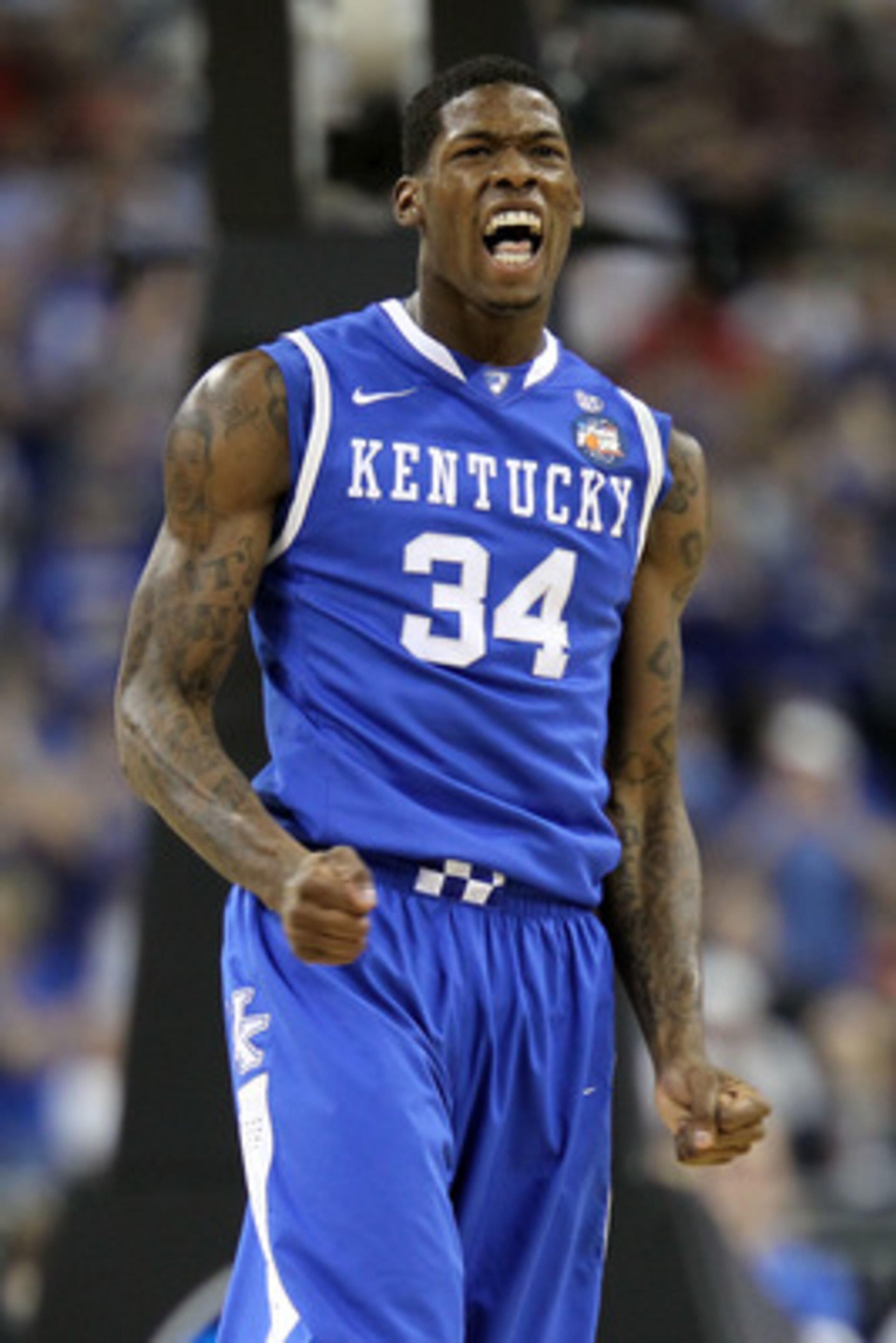 HOUSTON, TX - APRIL 02:  DeAndre Liggins #34 of the Kentucky Wildcats reacts after a play against the Connecticut Huskies during the National Semifinal game of the 2011 NCAA Division I Men's Basketball Championship at Reliant Stadium on April 2, 2011 in H