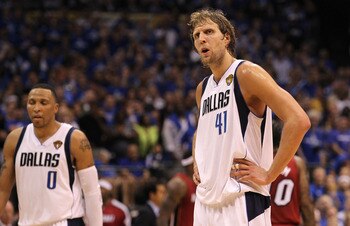 DALLAS, TX - JUNE 05:  (L-R) Shawn Marion #0 and Dirk Nowitzki #41 of the Dallas Mavericks look on while taking on the Miami Heat in Game Three of the 2011 NBA Finals at American Airlines Center on June 5, 2011 in Dallas, Texas. The Heat won 88-86. NOTE T