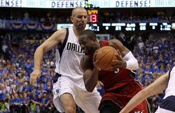 DALLAS, TX - JUNE 05:  Dwyane Wade #3 of the Miami Heat drives on Jason Kidd #2 of the Dallas Mavericks in the third quarter in Game Three of the 2011 NBA Finals at American Airlines Center on June 5, 2011 in Dallas, Texas.  NOTE TO USER: User expressly a