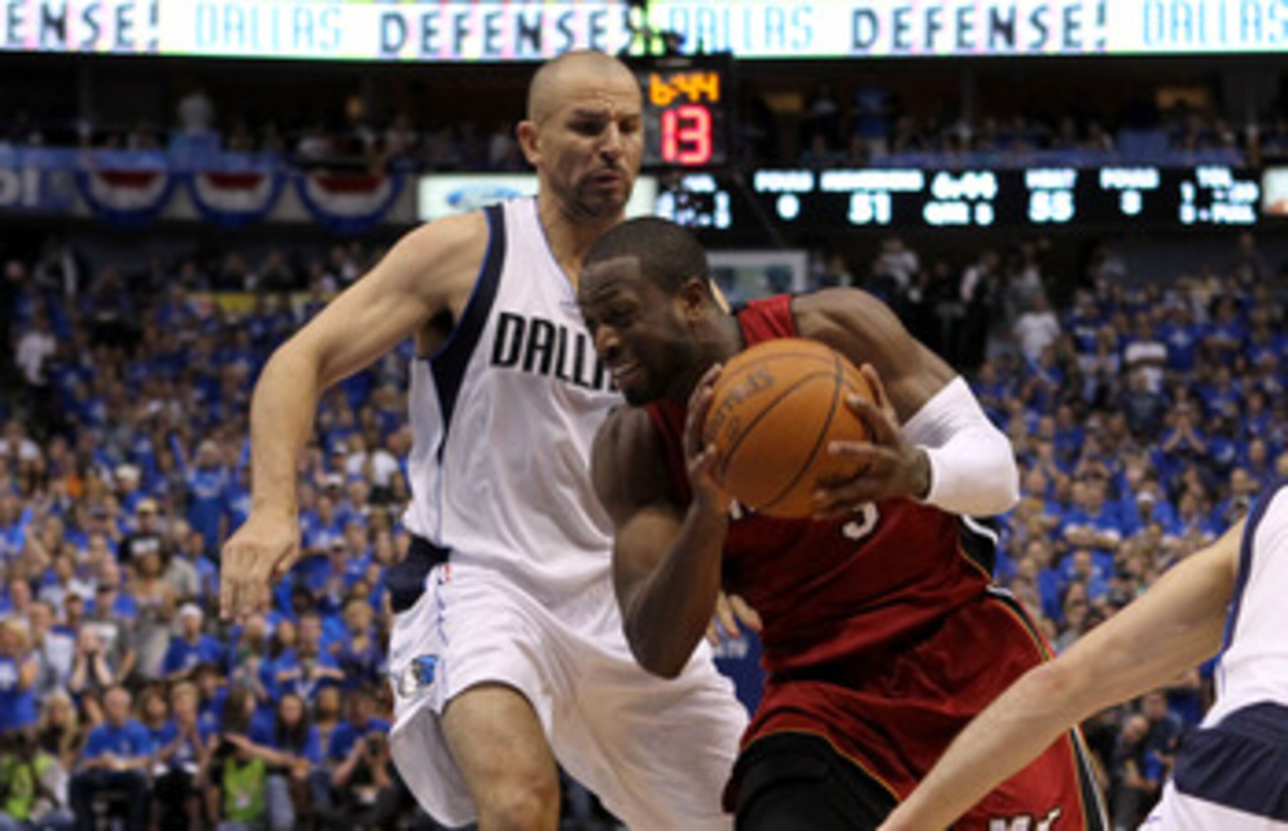 DALLAS, TX - JUNE 05:  Dwyane Wade #3 of the Miami Heat drives on Jason Kidd #2 of the Dallas Mavericks in the third quarter in Game Three of the 2011 NBA Finals at American Airlines Center on June 5, 2011 in Dallas, Texas.  NOTE TO USER: User expressly a