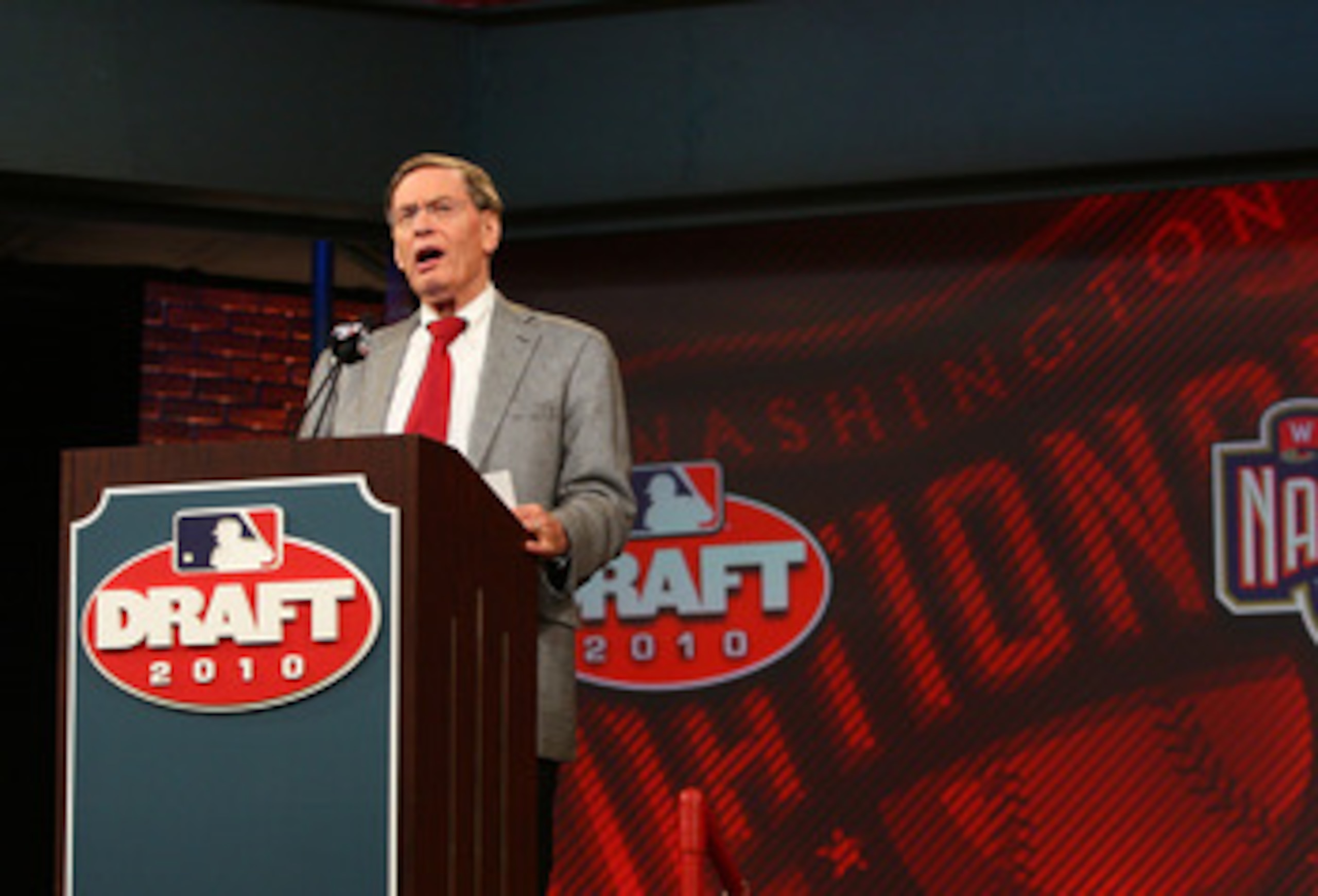 SECAUCUS, NJ - JUNE 07: MLB commissioner Bud Selig announces Bryce Harper as the first overall pick to the Washington Nationals during the MLB First Year Player Draft on June 7, 2010 held in Studio 42 at the MLB Network in Secaucus, New Jersey. (Photo b SECAUCUS, NJ - JUNE 07: MLB commissioner Bud Selig announces Bryce Harper as the first overall pick to the Washington Nationals during the MLB First Year Player Draft on June 7, 2010 held in Studio 42 at the MLB Network in Secaucus, New Jersey. (Photo b