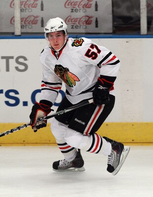 NEW YORK - NOVEMBER 01:  Ben Smith #57 of the Chicago Blackhawks skates against the New York Rangers at Madison Square Garden on November 1, 2010 in New York City. The Rangers defeated the Blackhawks 3-2.  (Photo by Bruce Bennett/Getty Images)