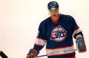 26 JAN 1994:  TEEMU SELANNE, RIGHT WING FOR THE WINNIPEG JETS, SKATES DURING THEIR 3-1 LOSS TO THE ANAHEIM MIGHTY DUCKS AT THE ARROWHEAD POND IN ANAHEIM, CALIFORNIA.   Mandatory Credit: Glenn Cratty/ALLSPORT