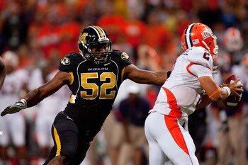 ST. LOUIS - SEPTEMBER 4: Michael Sam #52 of the University of Missouri Tigers looks to sack Nathan Scheelhaase #2 of the University of Illinois Fighting Illini during the State Farm Arch Rivalry game on September 4, 2010 at the Edward Jones Dome in St. Lo