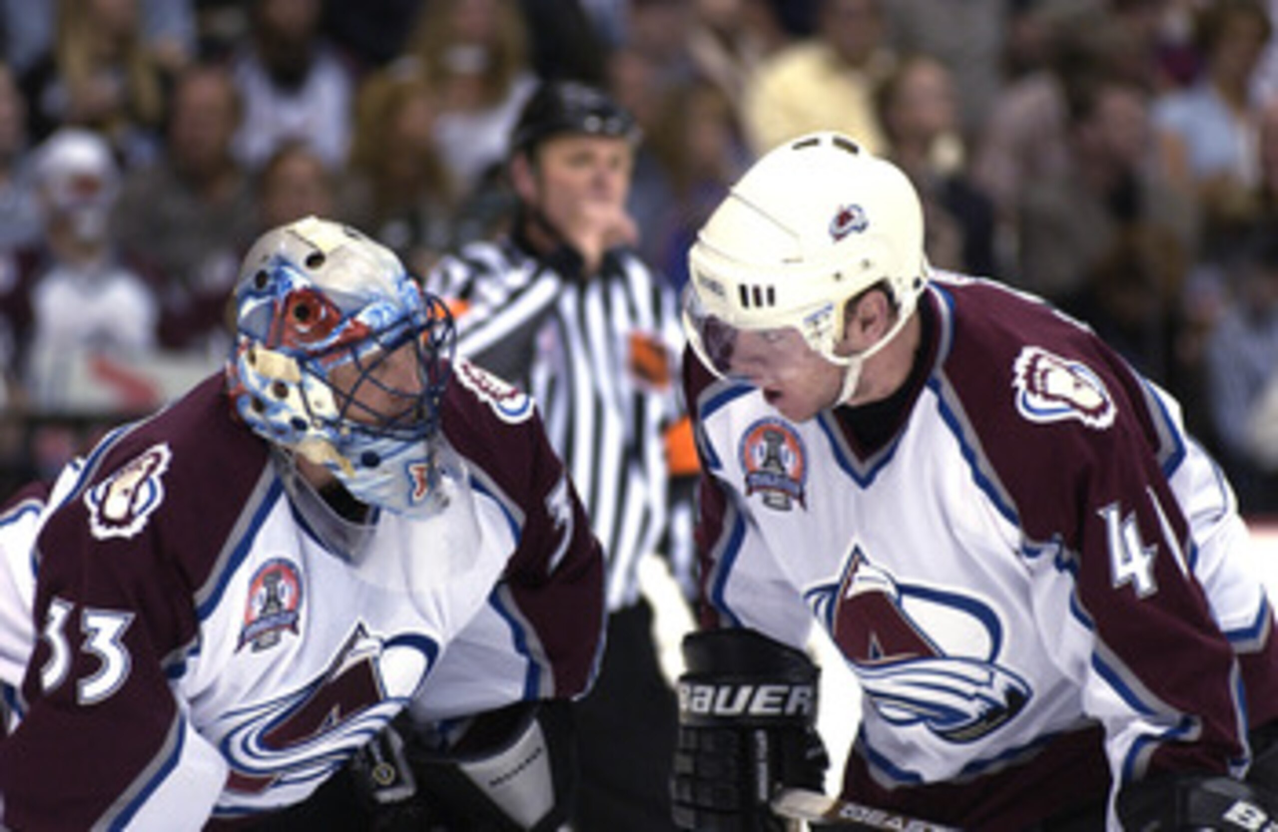 9 Jun 2001:  Patrick Roy #33 and teammate Alex Tanguay #40 of the Colorado Avalanche in game seven of the NHL Stanley Cup Finals against the New Jersey Devils at Pepsi Center in Denver, Colorado.  The Avalanche won 3-1 to take the series 4-3.  DIGITAL IMA