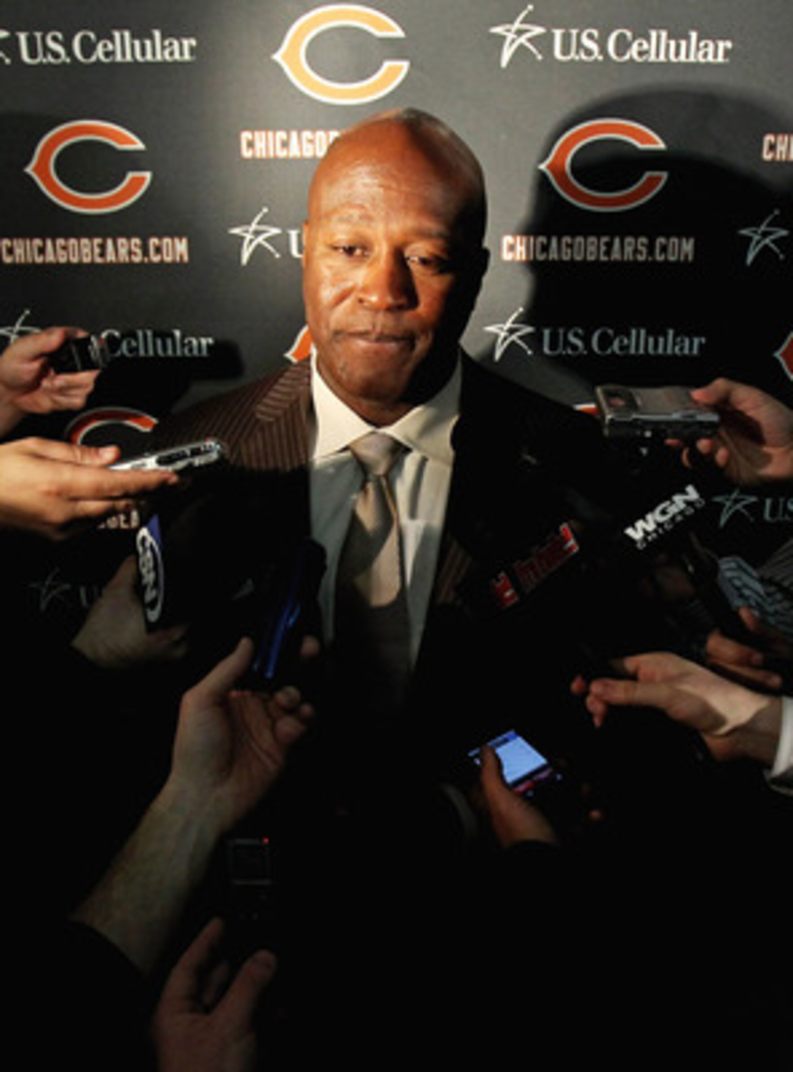 LAKE FOREST, IL - APRIL 26: Head coach Lovie Smith of the Chicago Bears speaks to media during the 2010 Brian Piccolo Award ceremony at Halas Hall on April 26, 2011 in Lake Forest, Illinois. TPlayers participated in the ceremony one day after a federal ju LAKE FOREST, IL - APRIL 26: Head coach Lovie Smith of the Chicago Bears speaks to media during the 2010 Brian Piccolo Award ceremony at Halas Hall on April 26, 2011 in Lake Forest, Illinois. TPlayers participated in the ceremony one day after a federal ju