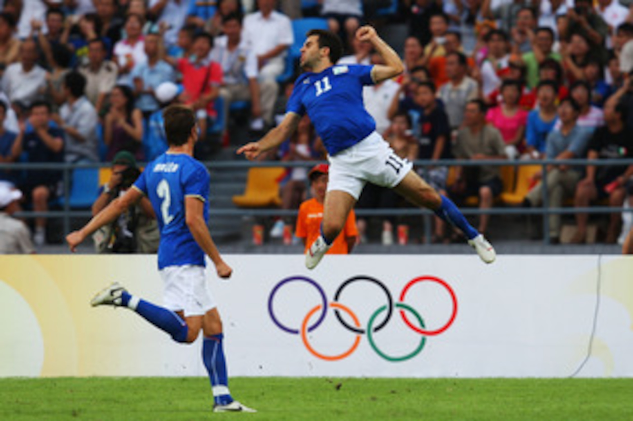 BEIJING - AUGUST 16:  Guiseppe Rossi (R) of Italy celebrates with his team mate Marco Motta after scoring his team's first goal during the Men's Quarter Final match between Italy and Belgium at the Workers' Stadium on Day 8 of the Beijing 2008 Olympic Gam