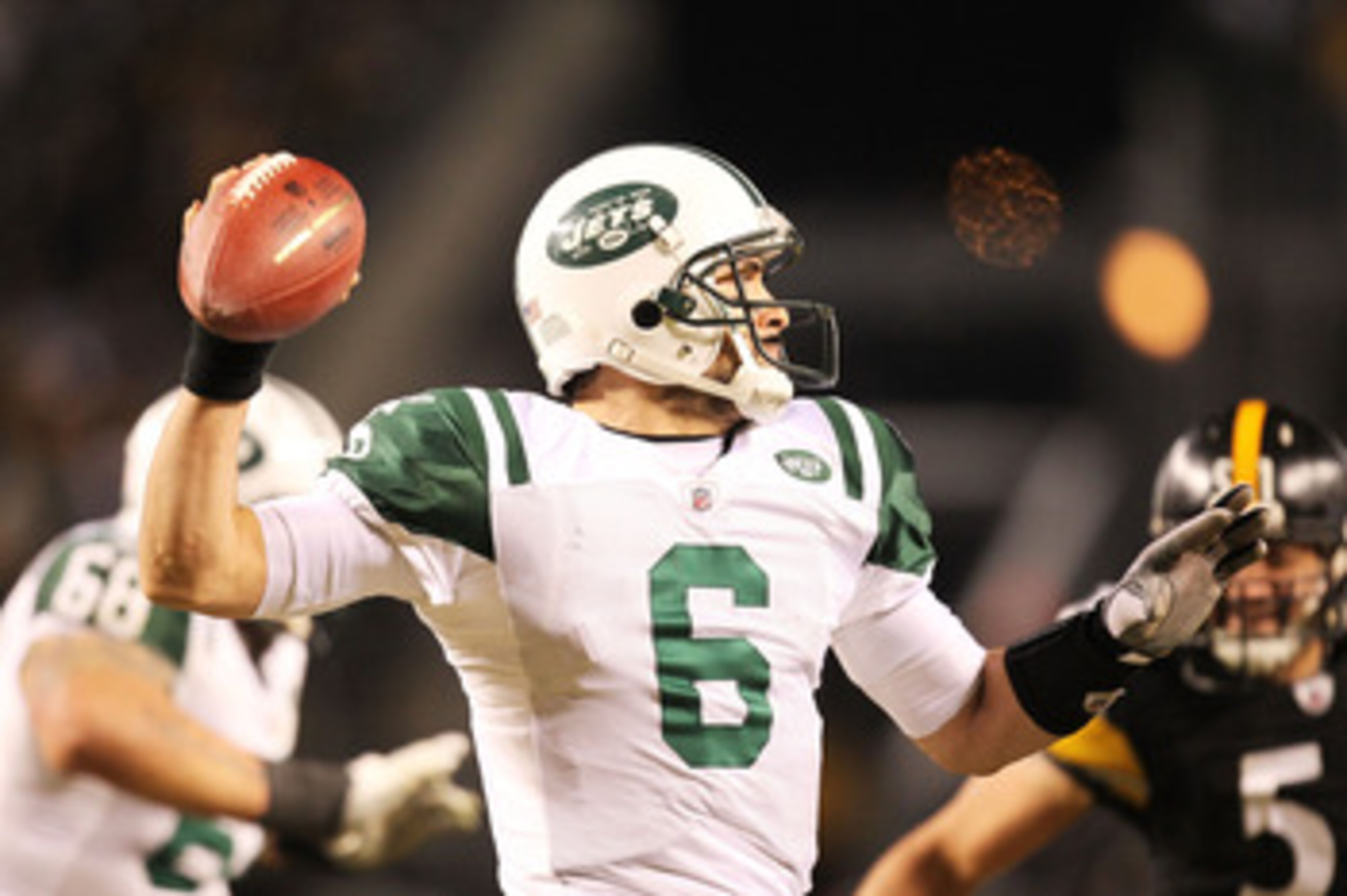 PITTSBURGH, PA - JANUARY 23: Mark Sanchez #6 of the New York Jets drops back during their 19 to 24 loss to the Pittsburgh Steelers in the 2011 AFC Championship game at Heinz Field on January 23, 2011 in Pittsburgh, Pennsylvania. (Photo by Ronald Martine PITTSBURGH, PA - JANUARY 23: Mark Sanchez #6 of the New York Jets drops back during their 19 to 24 loss to the Pittsburgh Steelers in the 2011 AFC Championship game at Heinz Field on January 23, 2011 in Pittsburgh, Pennsylvania. (Photo by Ronald Martine