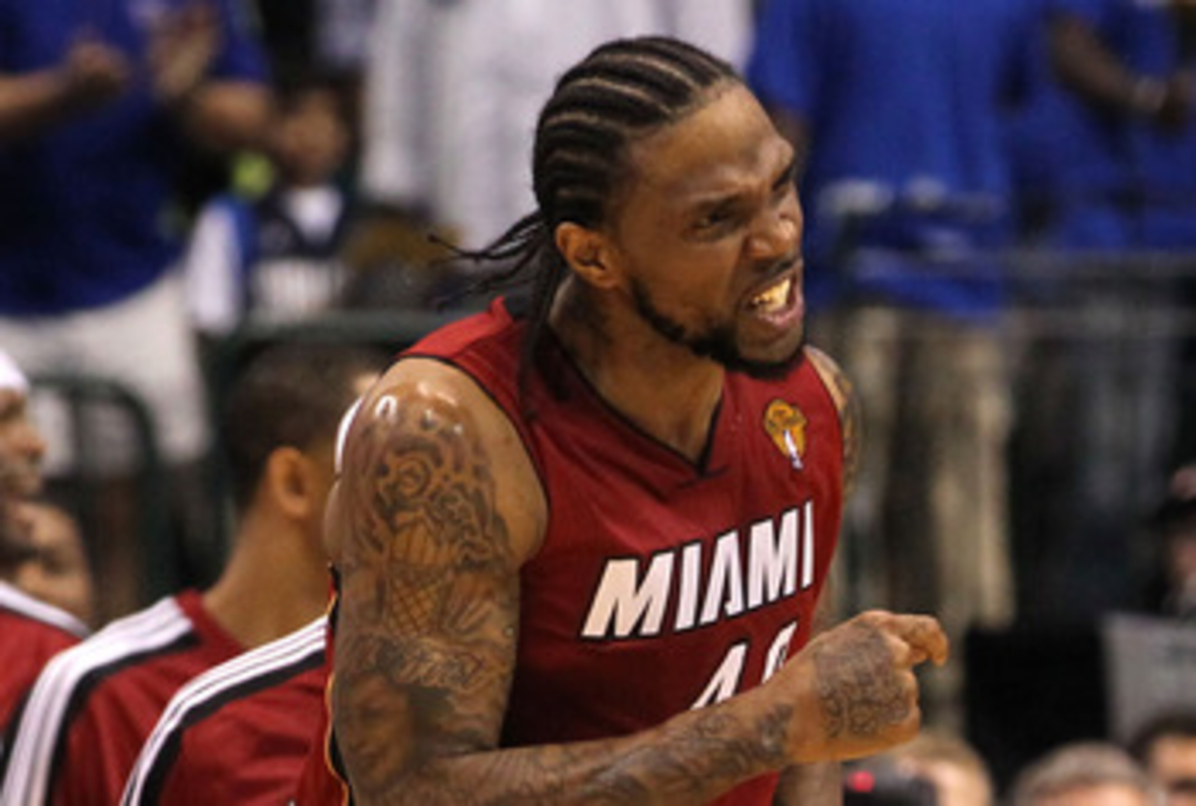 DALLAS, TX - JUNE 05:  Udonis Haslem #40 of the Miami Heat reacts in the fourth quarter while taking on the Dallas Mavericks in Game Three of the 2011 NBA Finals at American Airlines Center on June 5, 2011 in Dallas, Texas.  NOTE TO USER: User expressly a