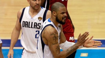 DALLAS, TX - JUNE 05:  (R) Tyson Chandler #6 of the Dallas Mavericks reacts in the third quarter while taking on the Miami Heat in Game Three of the 2011 NBA Finals at American Airlines Center on June 5, 2011 in Dallas, Texas.  NOTE TO USER: User expressl