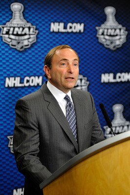 VANCOUVER, BC - JUNE 01:  NHL commissioner Gary Bettman speaks to the media prior to game one between the Vancouver Canucks and the Boston Bruins in the 2011 NHL Stanley Cup Finals at Rogers Arena on June 1, 2011 in Vancouver, Canada.  (Photo by Rich Lam/