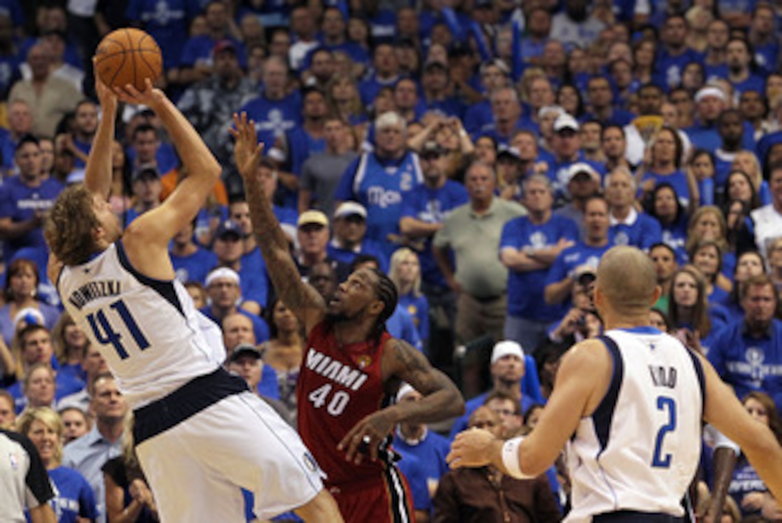 DALLAS, TX - JUNE 05:  Dirk Nowitzki #41 of the Dallas Mavericks attempts a shot against Udonis Haslem #40 of the Miami Heat in Game Three of the 2011 NBA Finals at American Airlines Center on June 5, 2011 in Dallas, Texas.  NOTE TO USER: User expressly a
