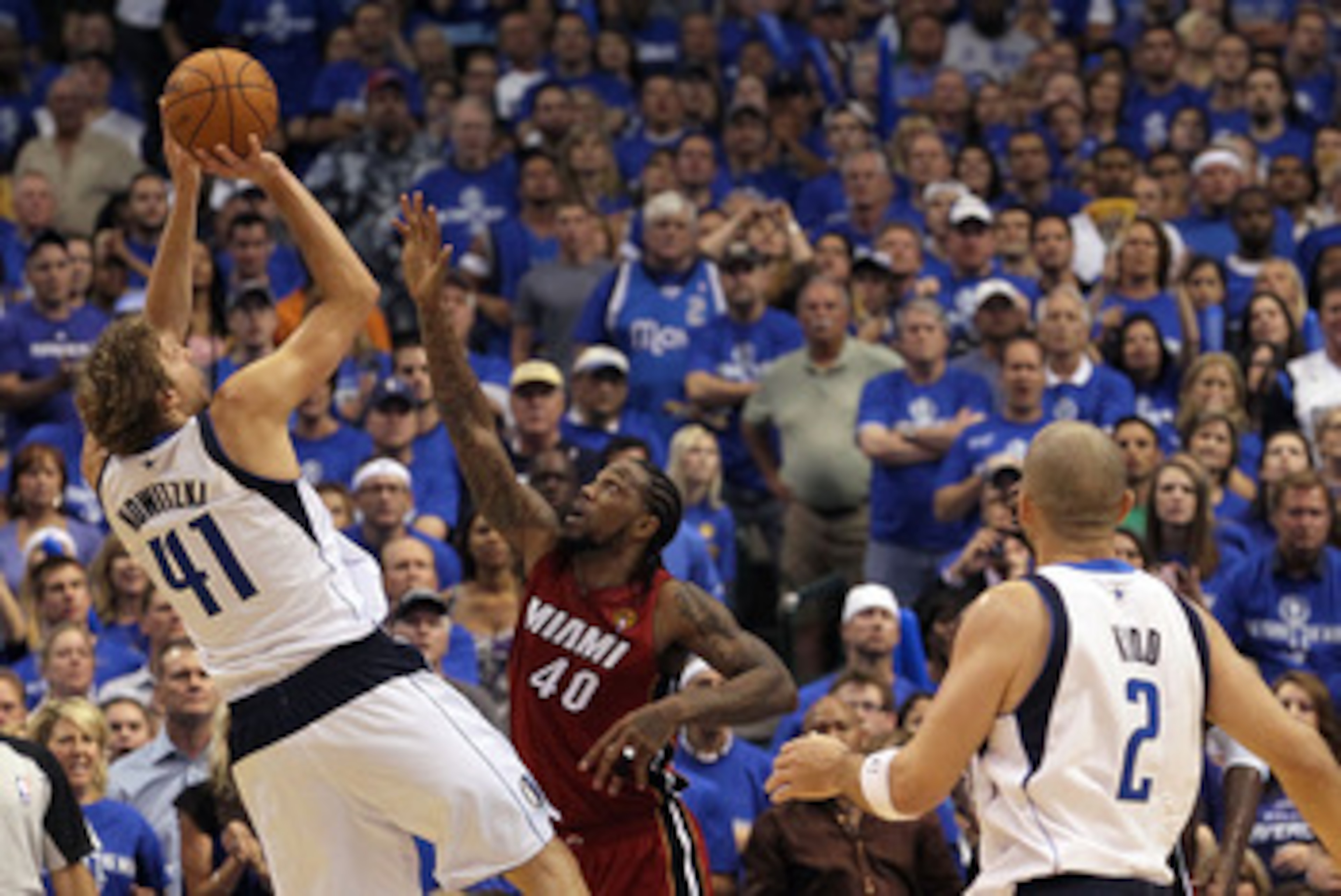 DALLAS, TX - JUNE 05:  Dirk Nowitzki #41 of the Dallas Mavericks attempts a shot against Udonis Haslem #40 of the Miami Heat in Game Three of the 2011 NBA Finals at American Airlines Center on June 5, 2011 in Dallas, Texas.  NOTE TO USER: User expressly a