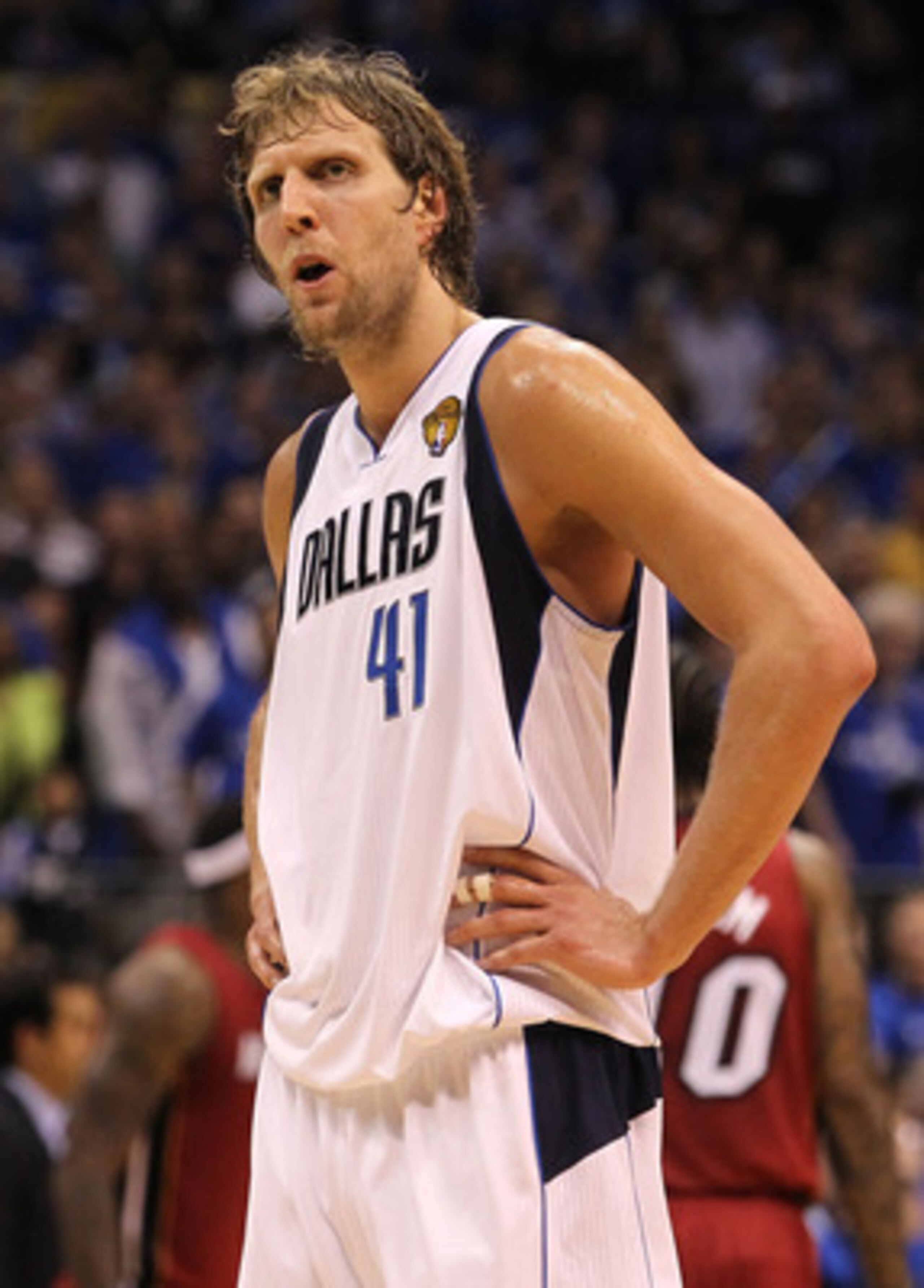 DALLAS, TX - JUNE 05:  (L-R) Shawn Marion #0 and Dirk Nowitzki #41 of the Dallas Mavericks look on while taking on the Miami Heat in Game Three of the 2011 NBA Finals at American Airlines Center on June 5, 2011 in Dallas, Texas. The Heat won 88-86. NOTE T