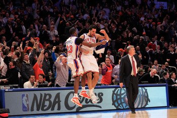 NEW YORK, NY - JANUARY 27: Toney Douglas #23 celebrates with Landry Fields #6 of the New York Knicks after Landry shoots a three pointer against the Miami Heat at Madison Square Garden on January 27, 2011 in New York City. NOTE TO USER: User expressly ack