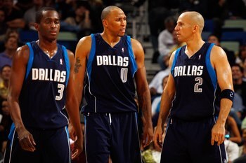 NEW ORLEANS - NOVEMBER 04:  Rodrigue Beaubois  #3, Shawn Marion #0 and Jason Kidd #2 of the Dallas Mavericks during the game against the New Orleans Hornets at New Orleans Arena on November 4, 2009 in New Orleans, Louisiana.  NOTE TO USER: User expressly