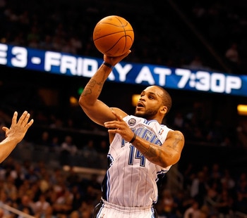 ORLANDO, FL - APRIL 19:  Jameer Nelson #14 of the Orlando Magic shoots against the Atlanta Hawks during Game Two of the Eastern Conference Quarterfinals of the 2011 NBA Playoffs on April 19, 2011 at the Amway Arena in Orlando, Florida.  NOTE TO USER: User