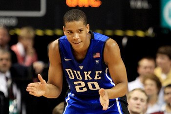 GREENSBORO, NC - MARCH 13:  Andre Dawkins #20 of the Duke Blue Devils claps while playing against the North Carolina Tar Heels during the first half in the championship game of the 2011 ACC men's basketball tournament at the Greensboro Coliseum on March 1
