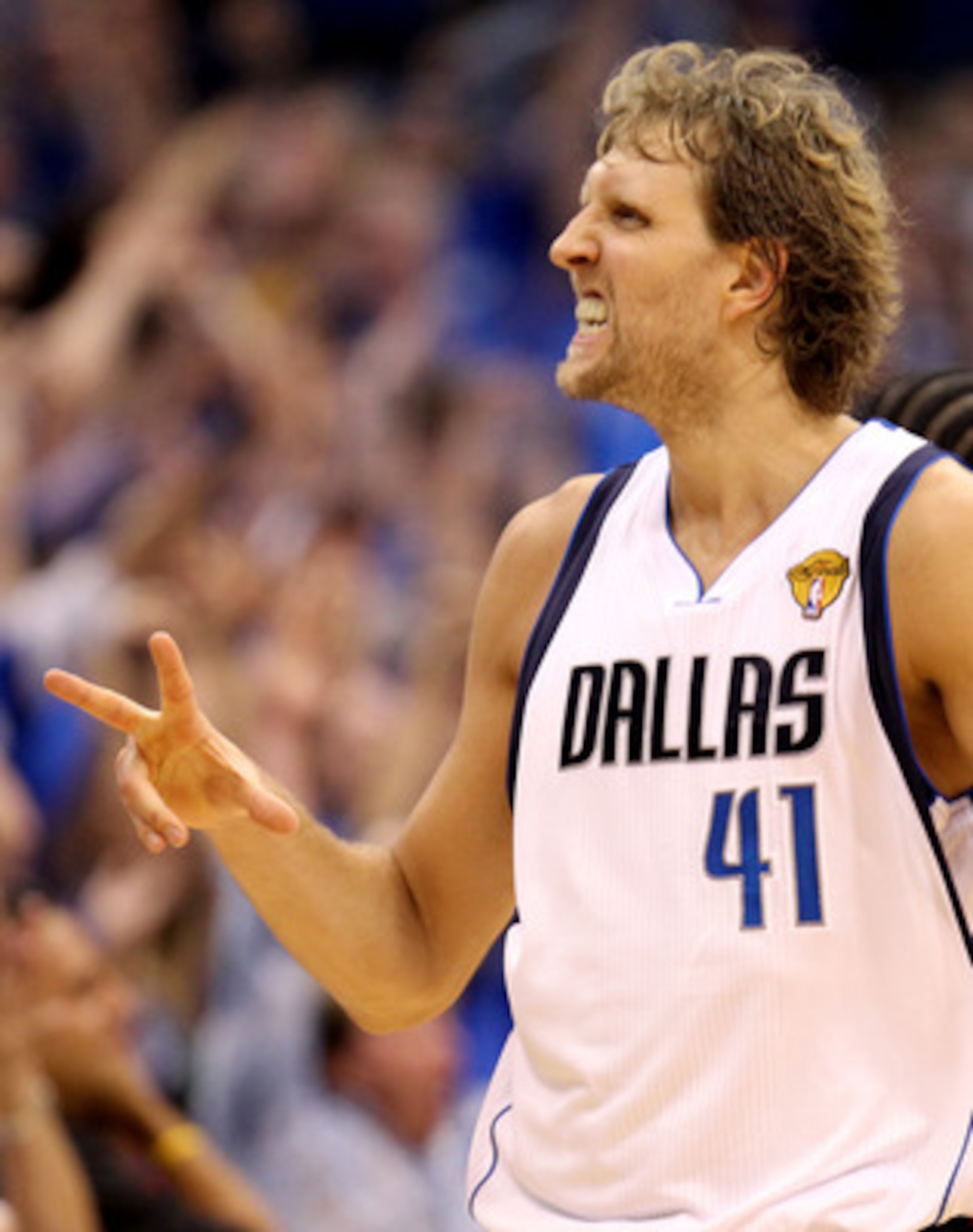 DALLAS, TX - JUNE 05: Dirk Nowitzki #41 of the Dallas Mavericks reacts in the second half against the Miami Heat in Game Three of the 2011 NBA Finals at American Airlines Center on June 5, 2011 in Dallas, Texas. NOTE TO USER: User expressly acknowledges DALLAS, TX - JUNE 05: Dirk Nowitzki #41 of the Dallas Mavericks reacts in the second half against the Miami Heat in Game Three of the 2011 NBA Finals at American Airlines Center on June 5, 2011 in Dallas, Texas. NOTE TO USER: User expressly acknowledges