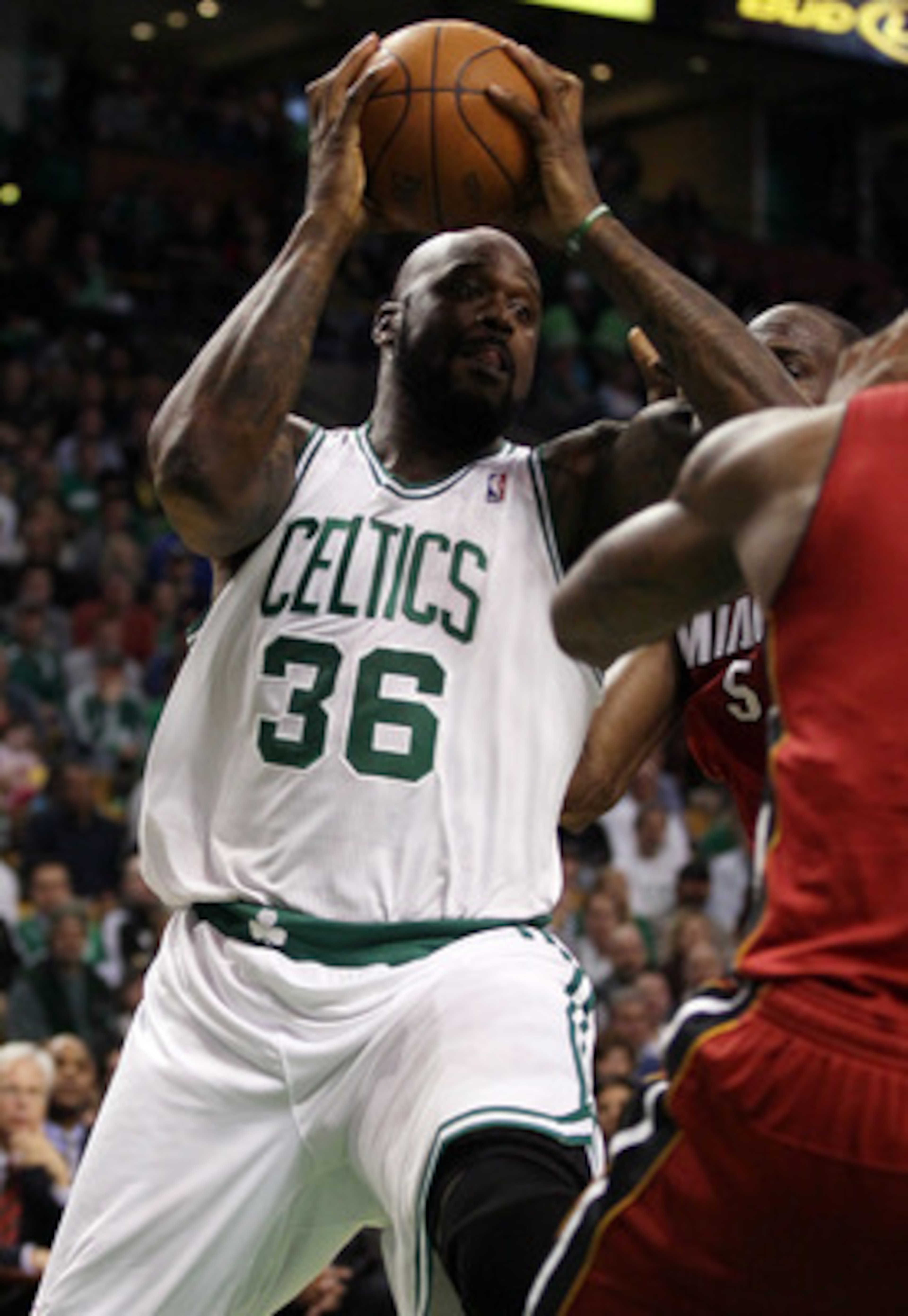 BOSTON, MA - MAY 07: Shaquille O'Neal #36 of the Boston Celtics heads for the net against the Miami Heat in Game Three of the Eastern Conference Semifinals in the 2011 NBA Playoffs on May 7, 2011 at the TD Garden in Boston, Massachusetts.  NOTE TO USER: U