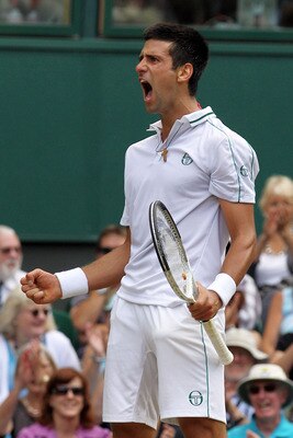 LONDON, ENGLAND - JULY 02:  Novak Djokovic of Serbia celebrates a point during the Menï¿½s Semi Final match against Tomas Berdych of Czech Republic on Day Eleven of the Wimbledon Lawn Tennis Championships at the All England Lawn Tennis and Croquet Club on J