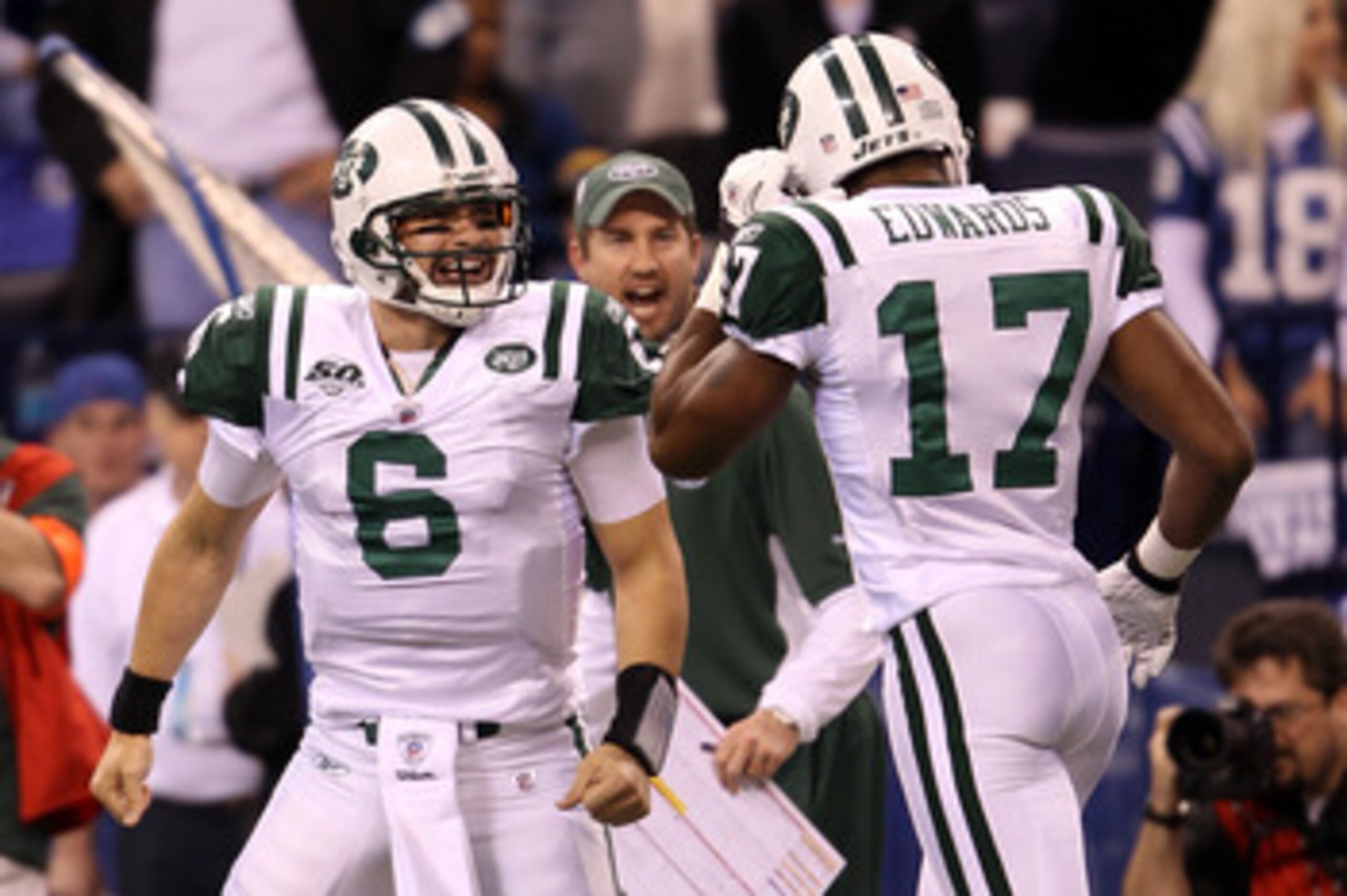 INDIANAPOLIS - JANUARY 24: Quarterback Mark Sanchez #6 celebrates with wide receiver Braylon Edwards #17 of the New York Jets after Edwards catches an 80-yard touchdown pass in the second quarter from Sanchez against the Indianapolis Colts during the AFC INDIANAPOLIS - JANUARY 24: Quarterback Mark Sanchez #6 celebrates with wide receiver Braylon Edwards #17 of the New York Jets after Edwards catches an 80-yard touchdown pass in the second quarter from Sanchez against the Indianapolis Colts during the AFC
