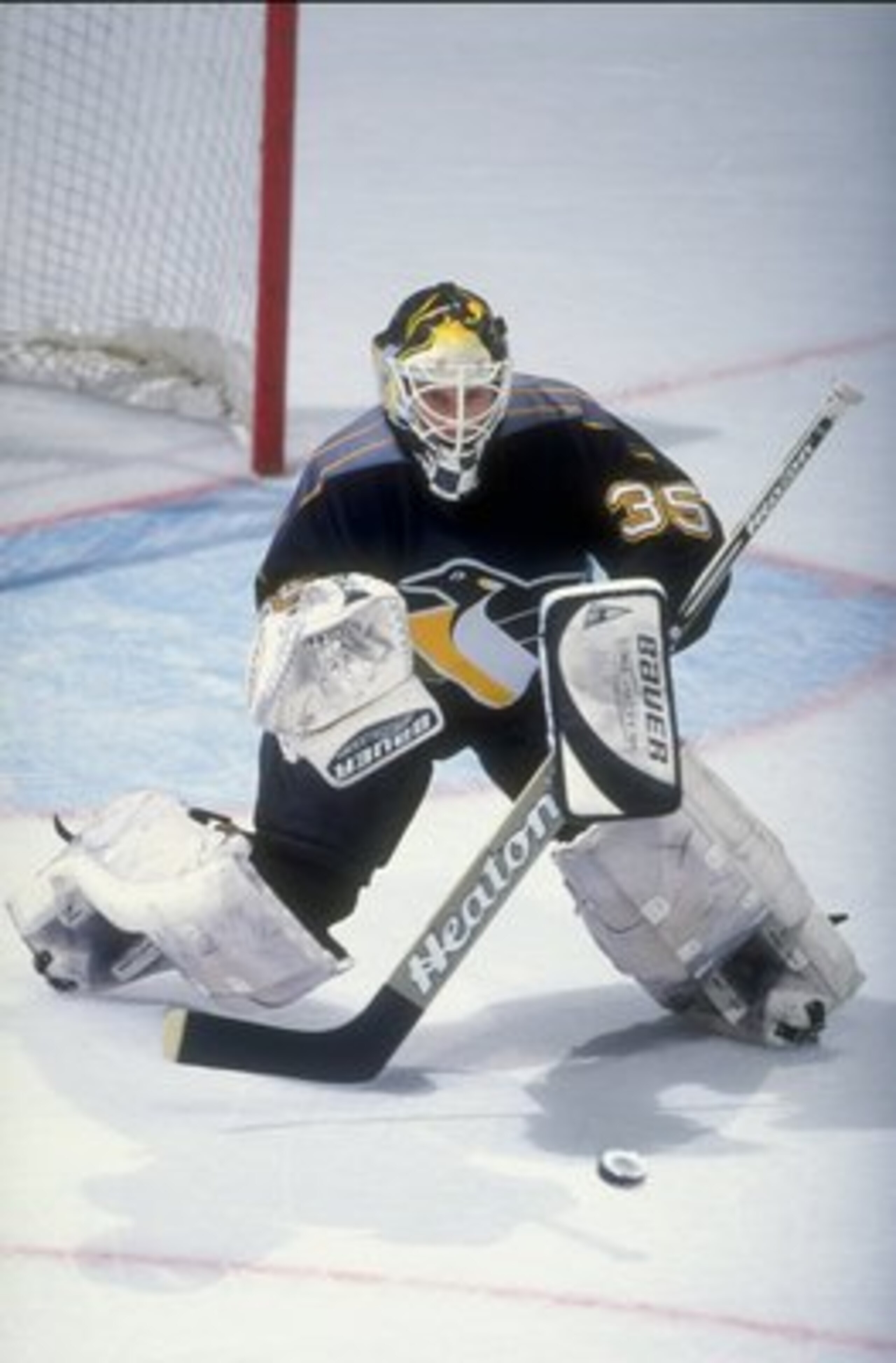 25 Nov 1998:  Tom Barrasso #35 of the Pittsburgh Penguins in action during the game against the Washington Capitals at the MCI Center in Washington, D.C.. The Capitals defeated the Penguins 5-4. Mandatory Credit: Al Bello  /Allsport