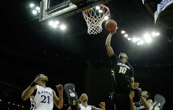 KANSAS CITY, MO - MARCH 11:  Alec Burks #10 of the Colorado Buffaloes goes up for a shot against the Kansas Jayhawks during their semifinal game in the 2011 Phillips 66 Big 12 Men's Basketball Tournament at Sprint Center on March 11, 2011 in Kansas City,
