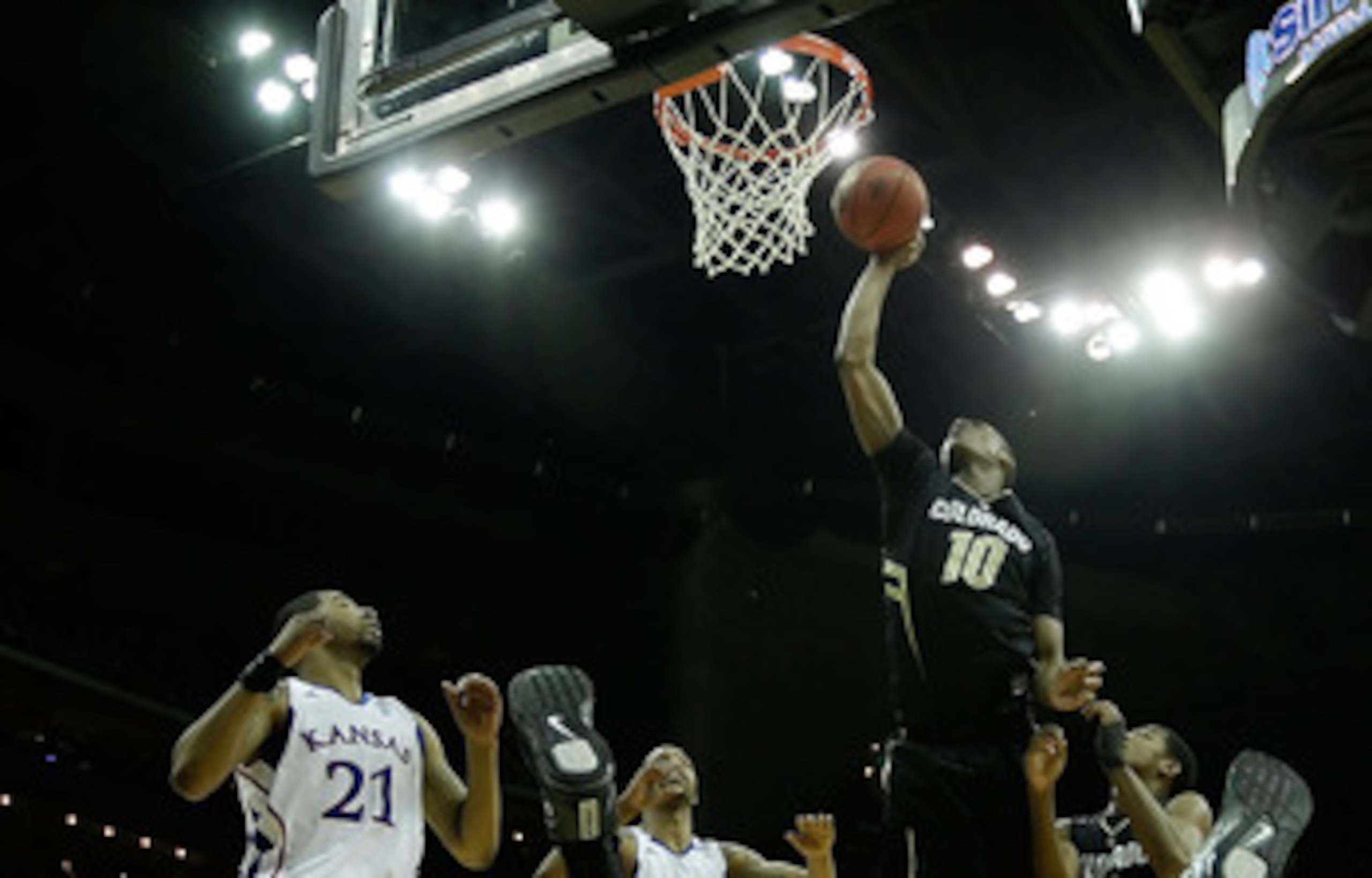 KANSAS CITY, MO - MARCH 11: Alec Burks #10 of the Colorado Buffaloes goes up for a shot against the Kansas Jayhawks during their semifinal game in the 2011 Phillips 66 Big 12 Men's Basketball Tournament at Sprint Center on March 11, 2011 in Kansas City, KANSAS CITY, MO - MARCH 11: Alec Burks #10 of the Colorado Buffaloes goes up for a shot against the Kansas Jayhawks during their semifinal game in the 2011 Phillips 66 Big 12 Men's Basketball Tournament at Sprint Center on March 11, 2011 in Kansas City,