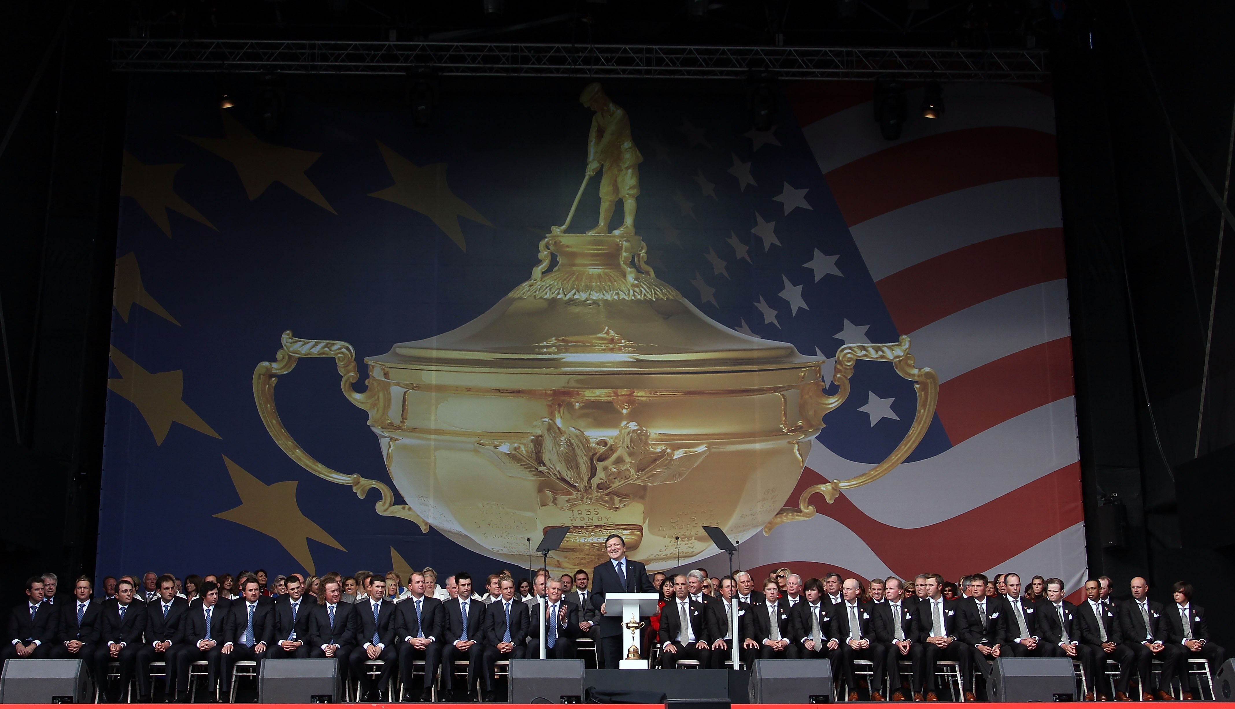 NEWPORT, WALES - SEPTEMBER 30:  General view of the Europe and USA teams during the Opening Ceremony prior to the 2010 Ryder Cup at the Celtic Manor Resort on September 30, 2010 in Newport, Wales.  (Photo by Ross Kinnaird/Getty Images)