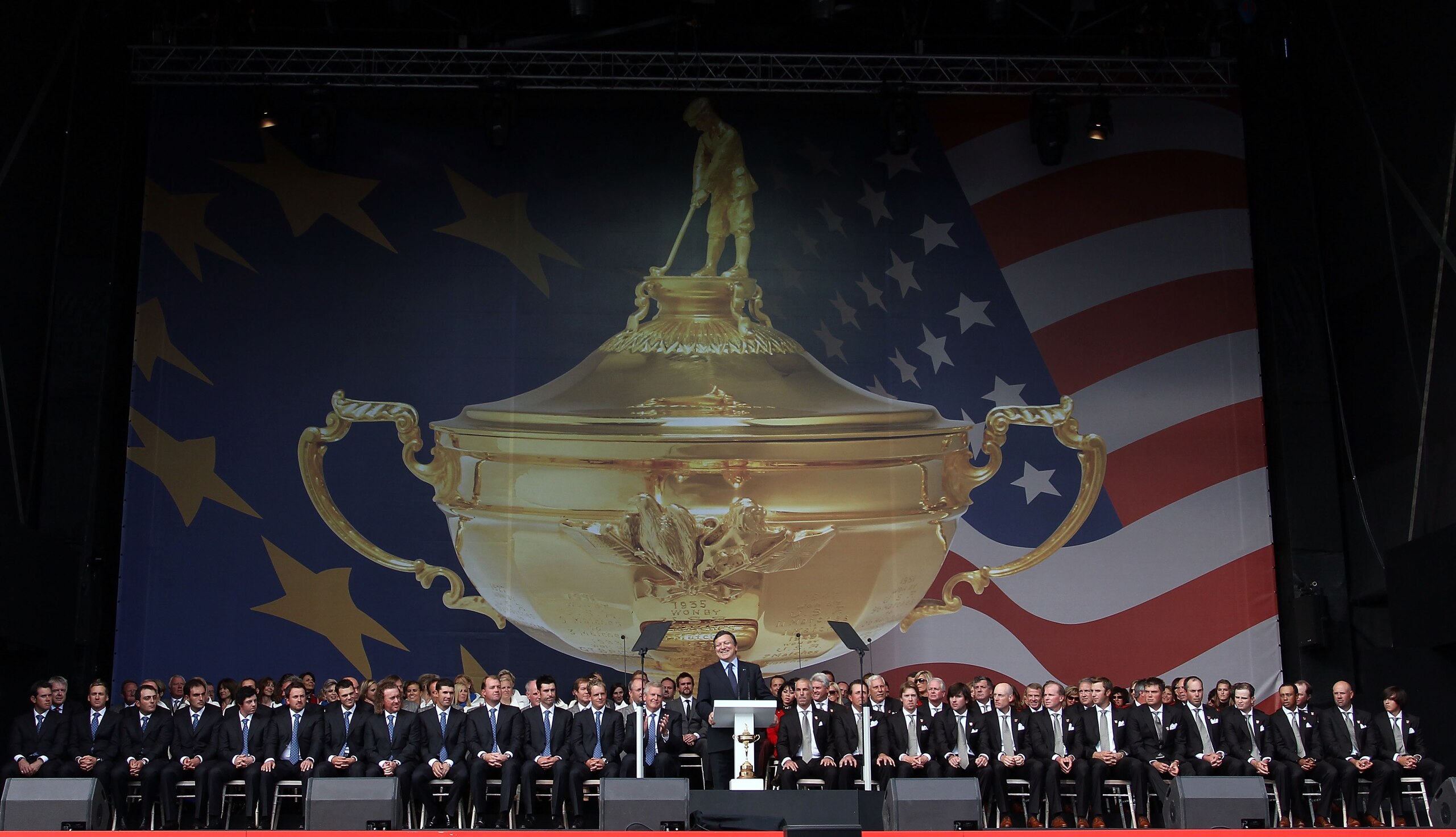 NEWPORT, WALES - SEPTEMBER 30:  General view of the Europe and USA teams during the Opening Ceremony prior to the 2010 Ryder Cup at the Celtic Manor Resort on September 30, 2010 in Newport, Wales.  (Photo by Ross Kinnaird/Getty Images)