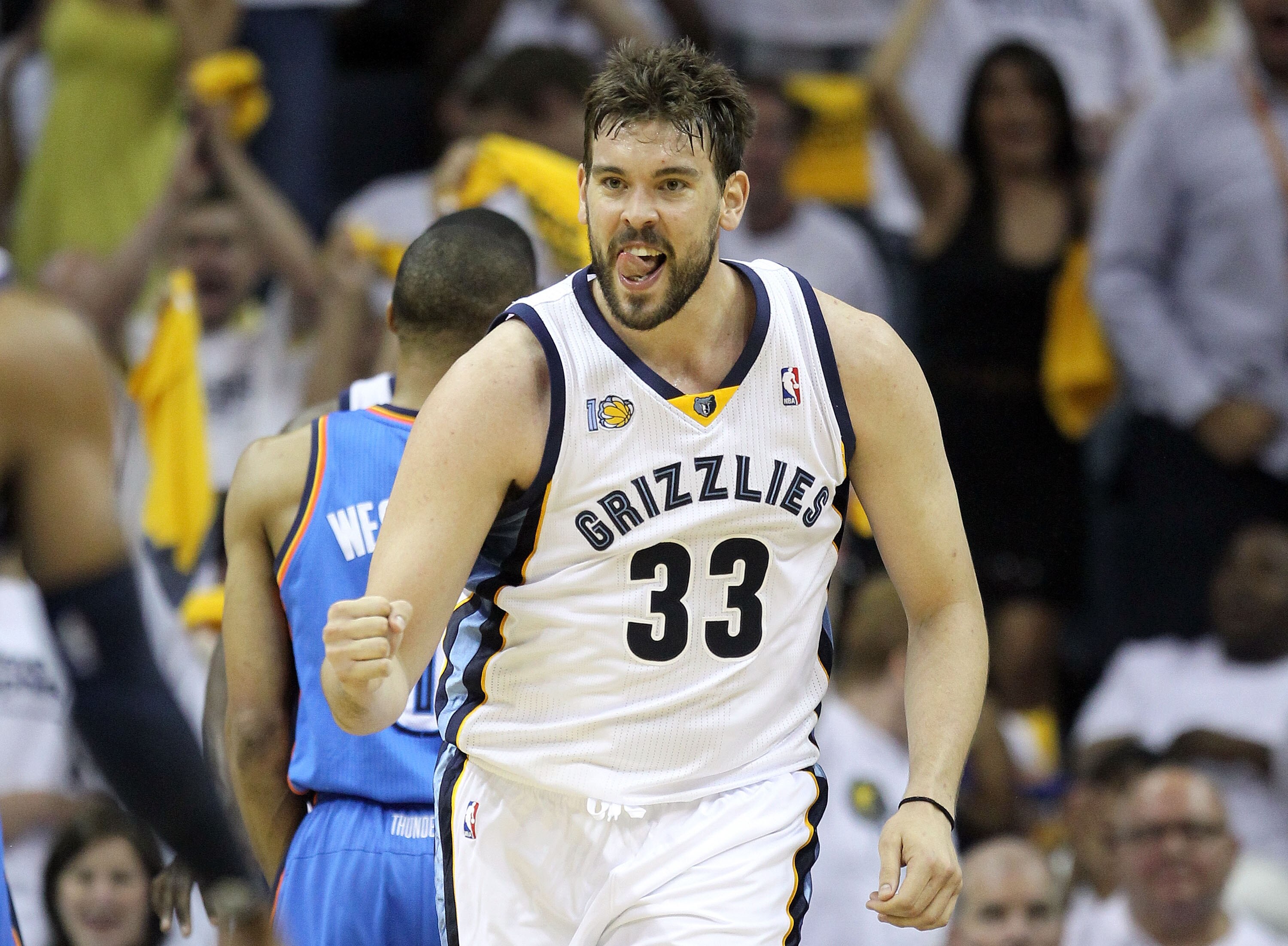 MEMPHIS, TN - MAY 09:  Marc Gasol #33 of the Memphis Grizzlies celebrates during the game against the Oklahoma City Thunder in Game Four of the Western Conference Semifinals in the 2011 NBA Playoffs at FedExForum on May 9, 2011 in Memphis, Tennessee. NOTE