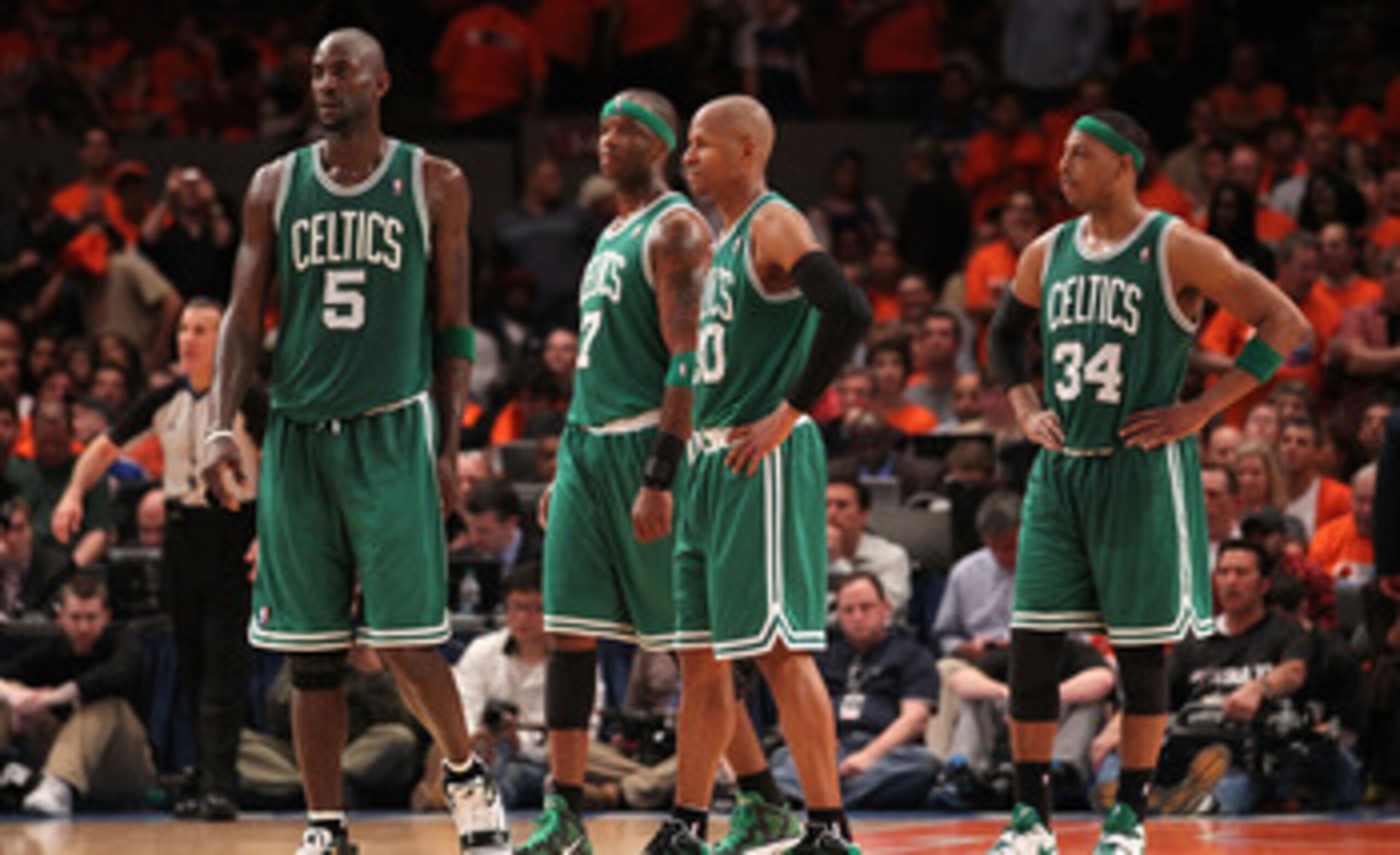 NEW YORK, NY - APRIL 24:  (L-R) Kevin Garnett #5, Jermaine O'Neal #7, Ray Allen #20 and Paul Pierce #34 of the Boston Celtics look on against the New York Knicks in Game Four of the Eastern Conference Quarterfinals during the 2011 NBA Playoffs on April 24