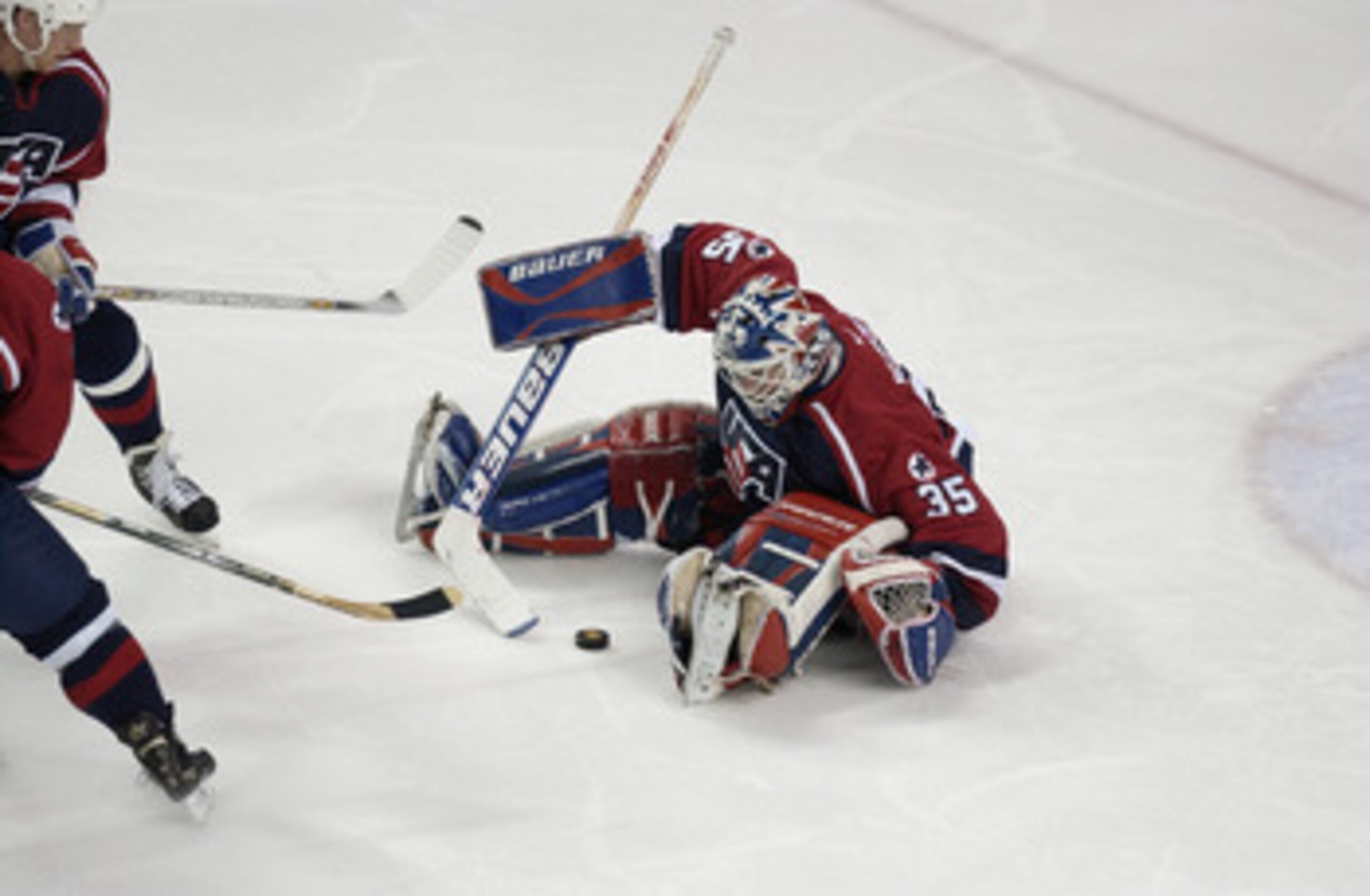 24 Feb 2002:   Mike Richter #35 of the USA makes a save during the men's gold medal game at the Salt Lake City Winter Olympic Games at the E Center in Salt Lake City, Utah. DIGITAL IMAGE. Mandatory Credit:   Elsa Hasch/Getty Images