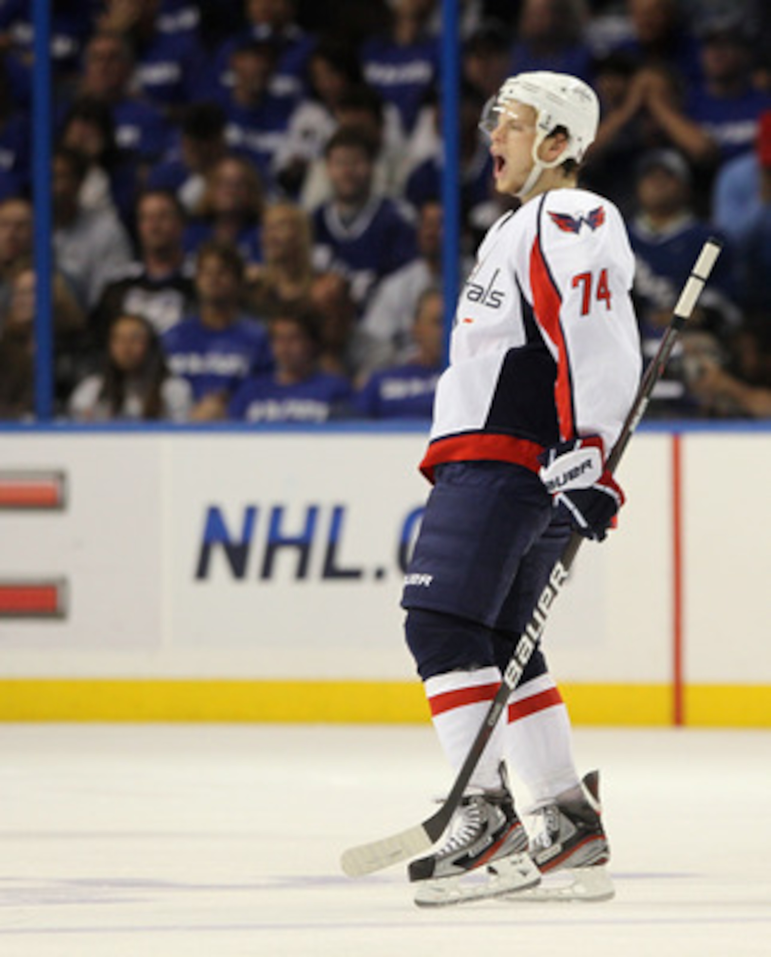 TAMPA, FL - MAY 03:  John Carlson #74 of the Washington Capitals celebrates his goal against the Tampa Bay Lightning in Game Three of the Eastern Conference Semifinals during the 2011 NHL Stanley Cup Playoffs at St Pete Times Forum on May 3, 2011 in Tampa