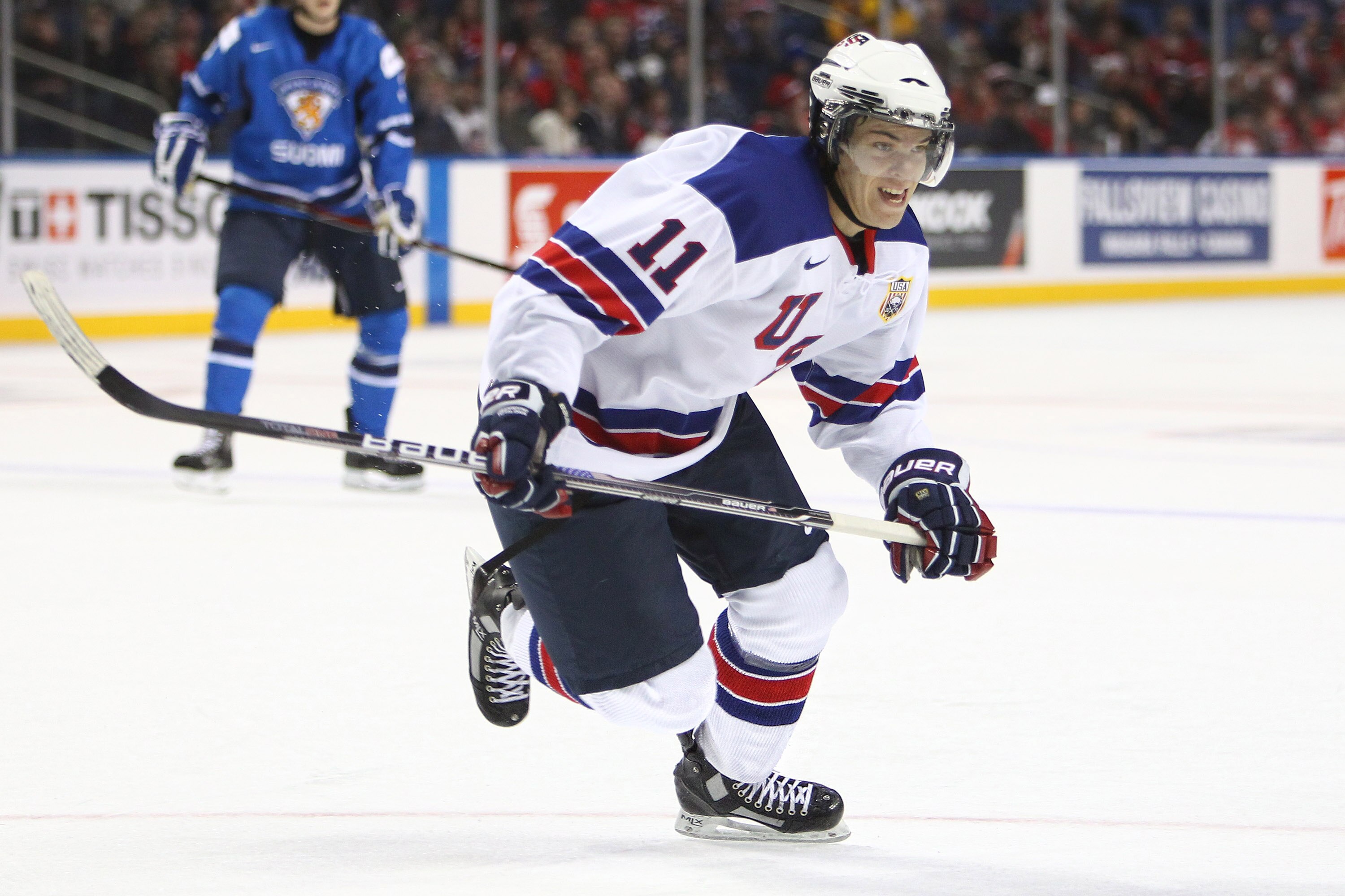 BUFFALO, NY - DECEMBER 26:  Jeremy Morin #11 of USA chases the puck during the 2011 IIHF World U20 Championship Group A game between USA and Finland on December 26, 2010 at HSBC Arena in Buffalo, New York. (Photo by Tom Szczerbowski/Getty Images)