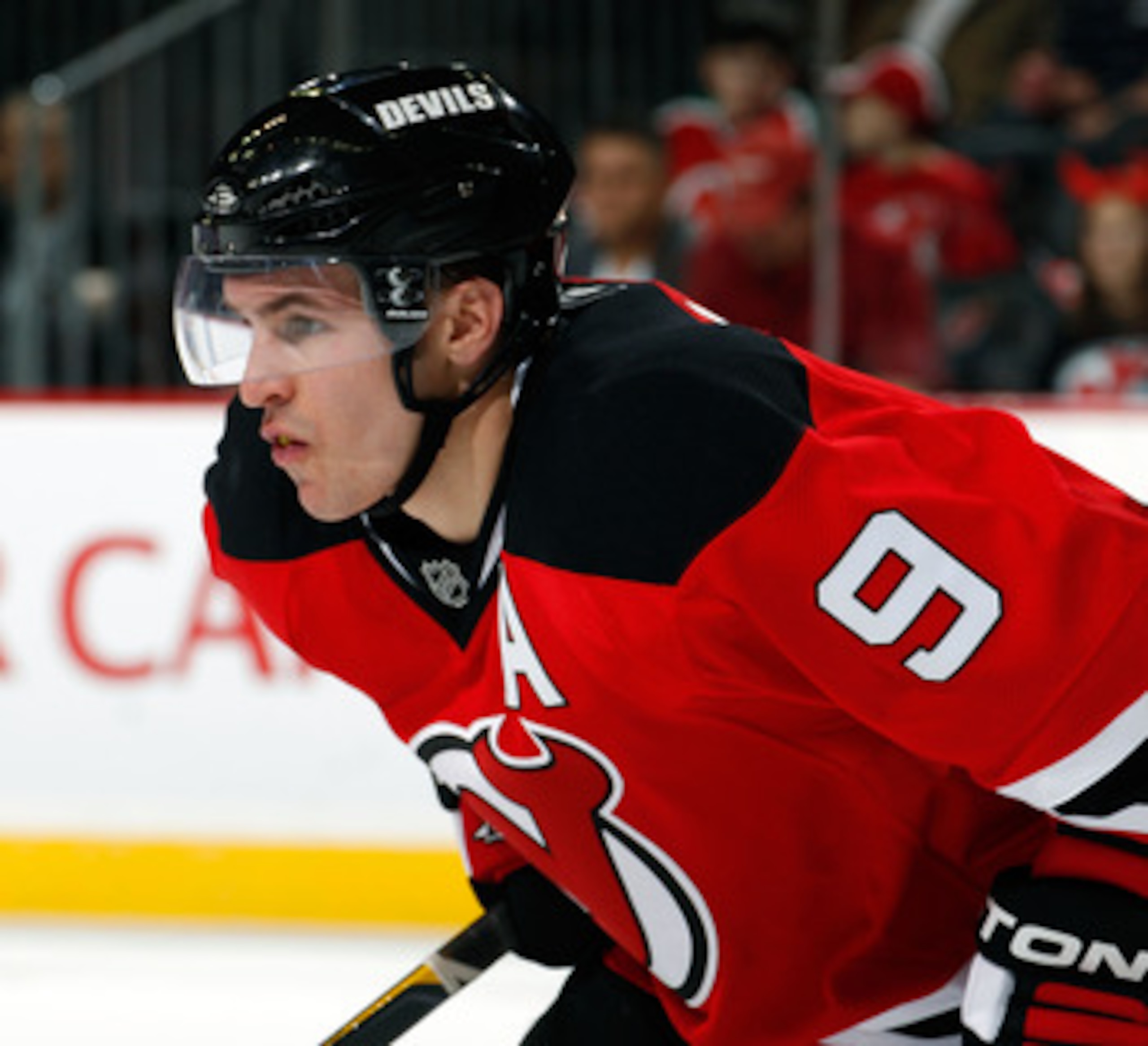 NEWARK, NJ - APRIL 02:  Zach Parise #9 of the New Jersey Devils waits for a faceoff during an NHL hockey game against the Montreal Canadians at the Prudential Center on April 2, 2011 in Newark, New Jersey.  (Photo by Paul Bereswill/Getty Images)